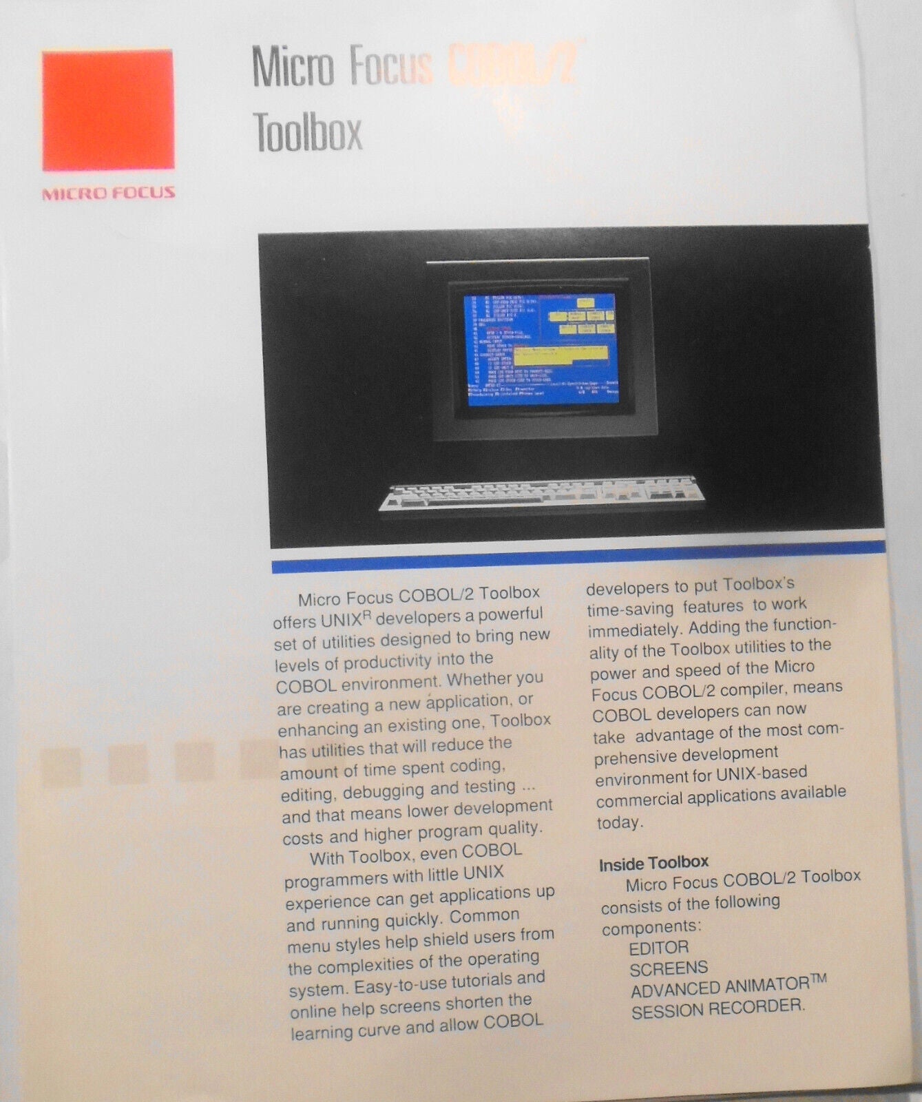 Micro Focus COBOL/2 Toolbox for UNIX developers - 2 Brochures, August 1990