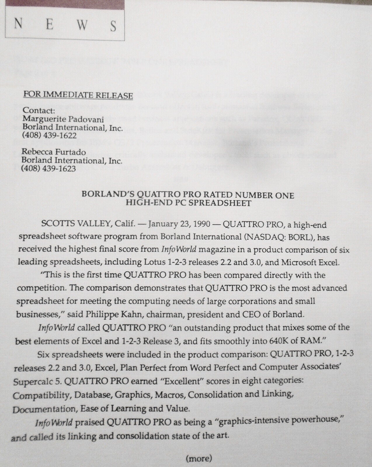 1990 Borland Paradox, Quattro Pro & Reflex win top awards. 4 press releases.