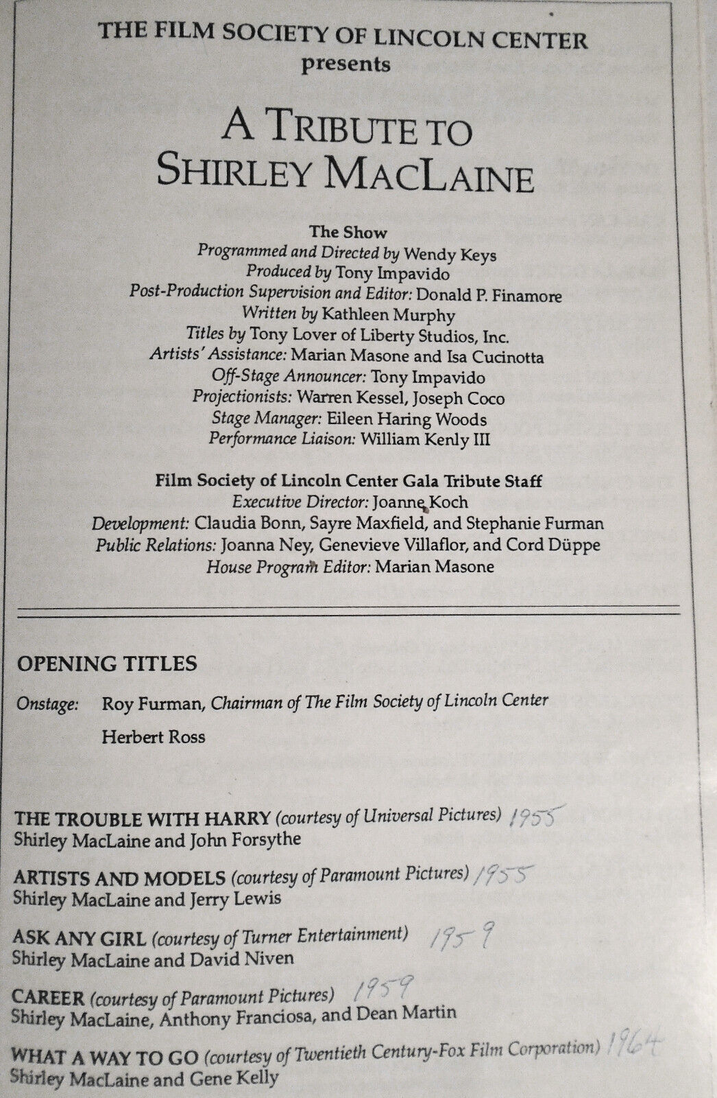 A Tribute To Shirley MacLaine - Stagebill - Lincoln Center, 1995.