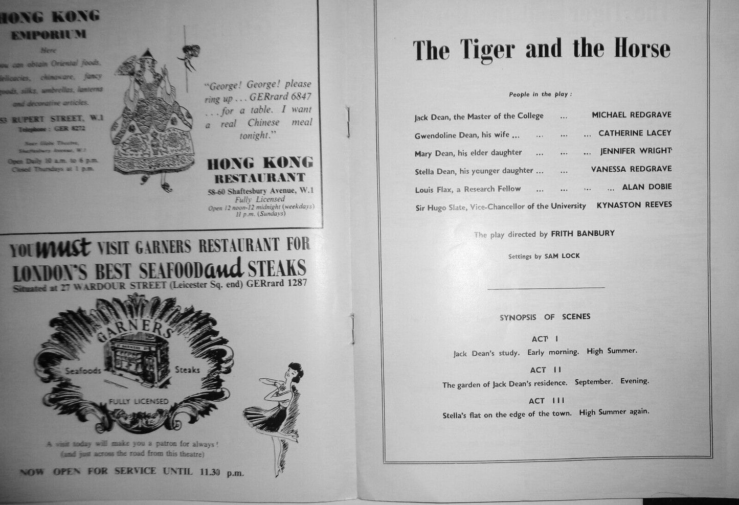 The Tiger And The Horse - First Performance, August 24, 1960 Queen's Theatre, UK