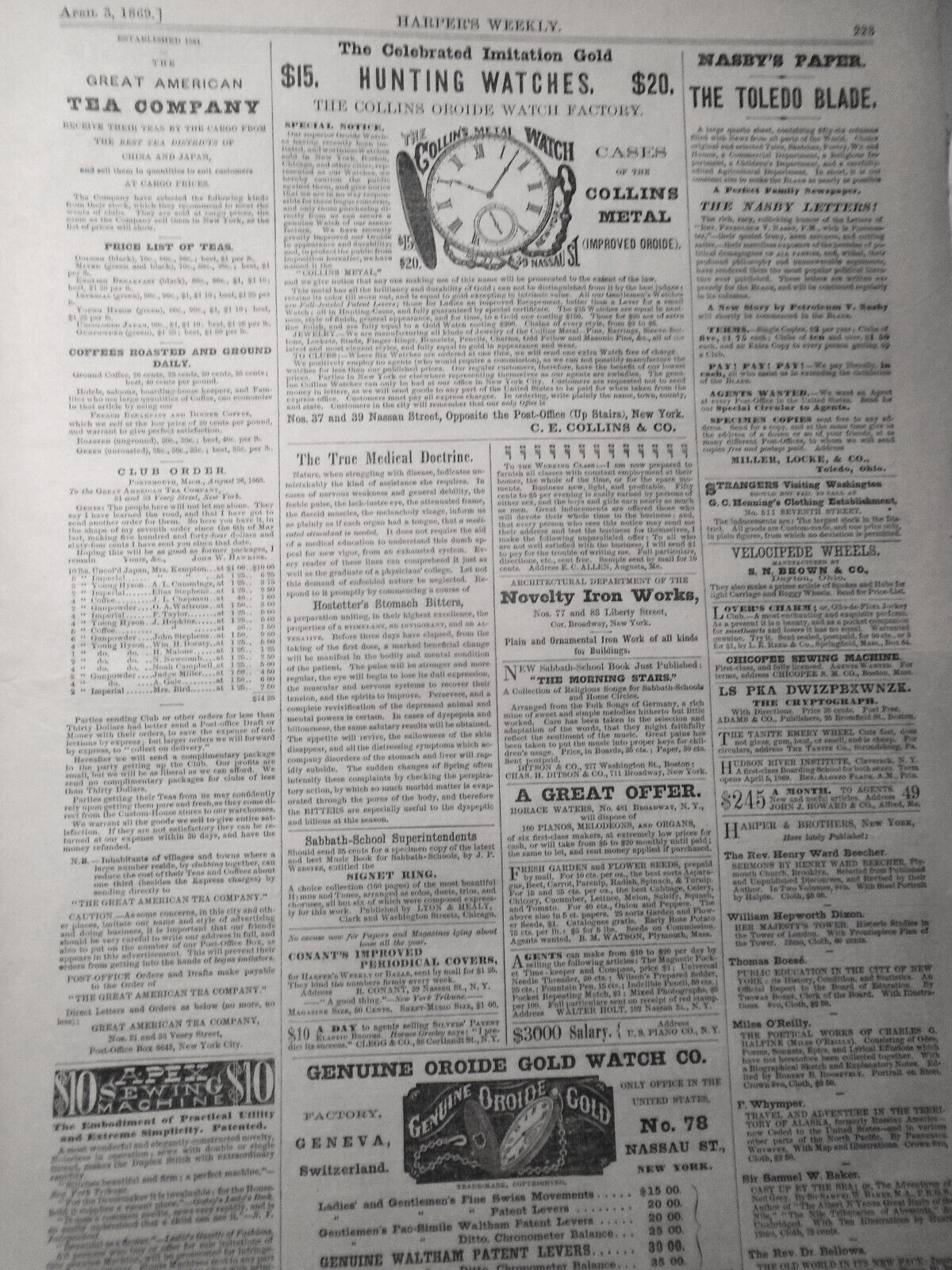 Harper's Weekly April 3, 1869: Grant cabinet; Sing Sing riot; Fulton Fish Market
