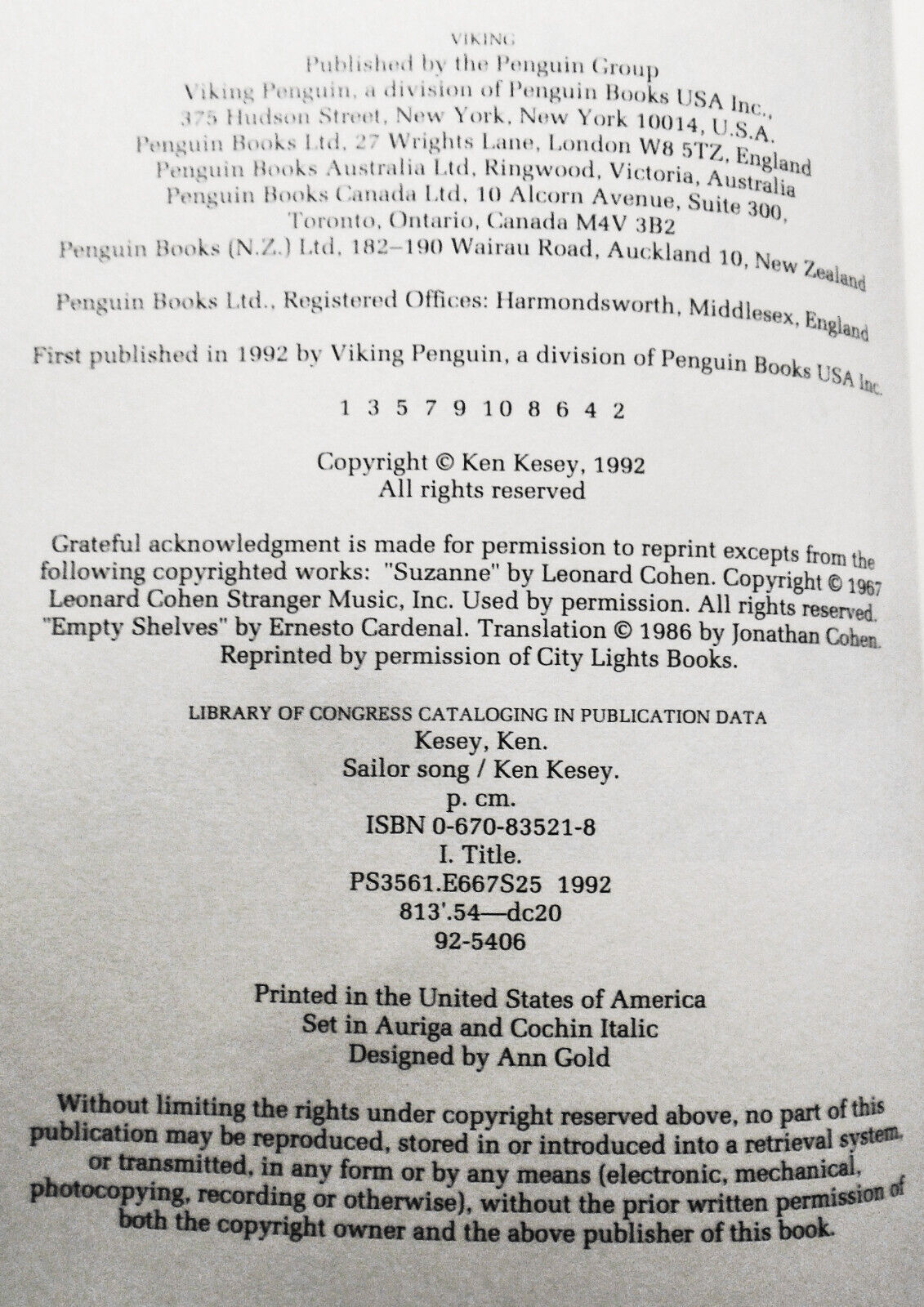 Ken Kesey : Sailor Song - Signed First Edition 1992. First Printing. Fine/Fine.