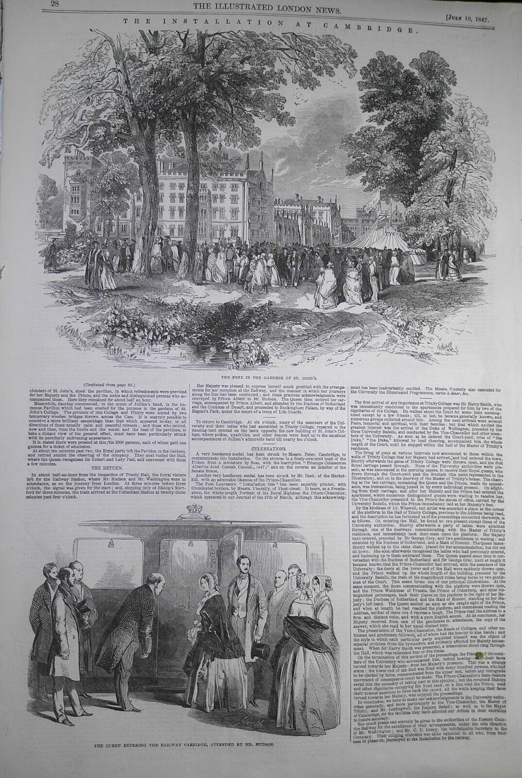 "The Installation at Cambridge" - Illustrated London News, July 10, 1847