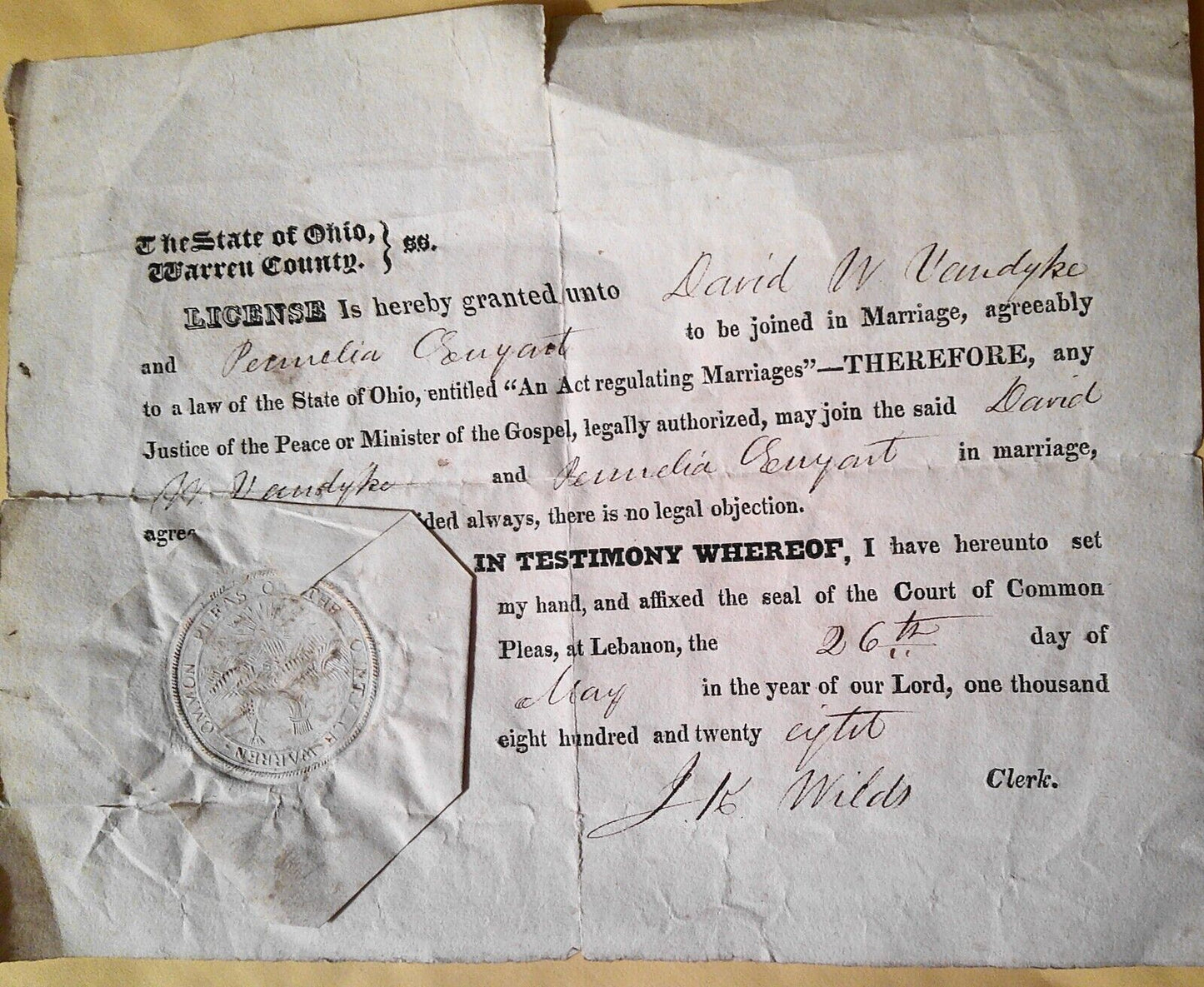 1828 Warren County Ohio original Marriage License, with seal. David W. van Dyke