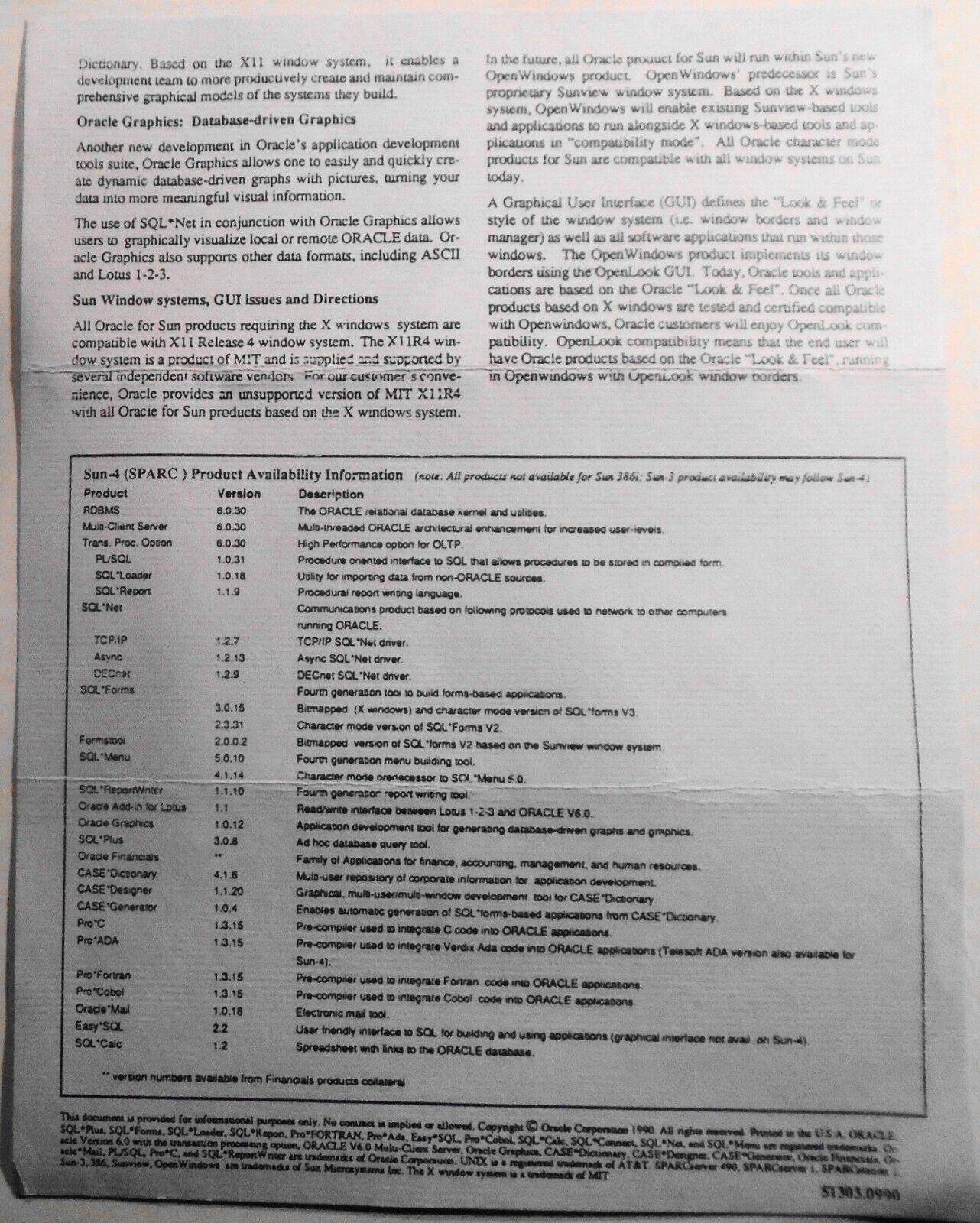 Oracle for UNIX on SUN workstations & servers : original promo flyer, 1990.