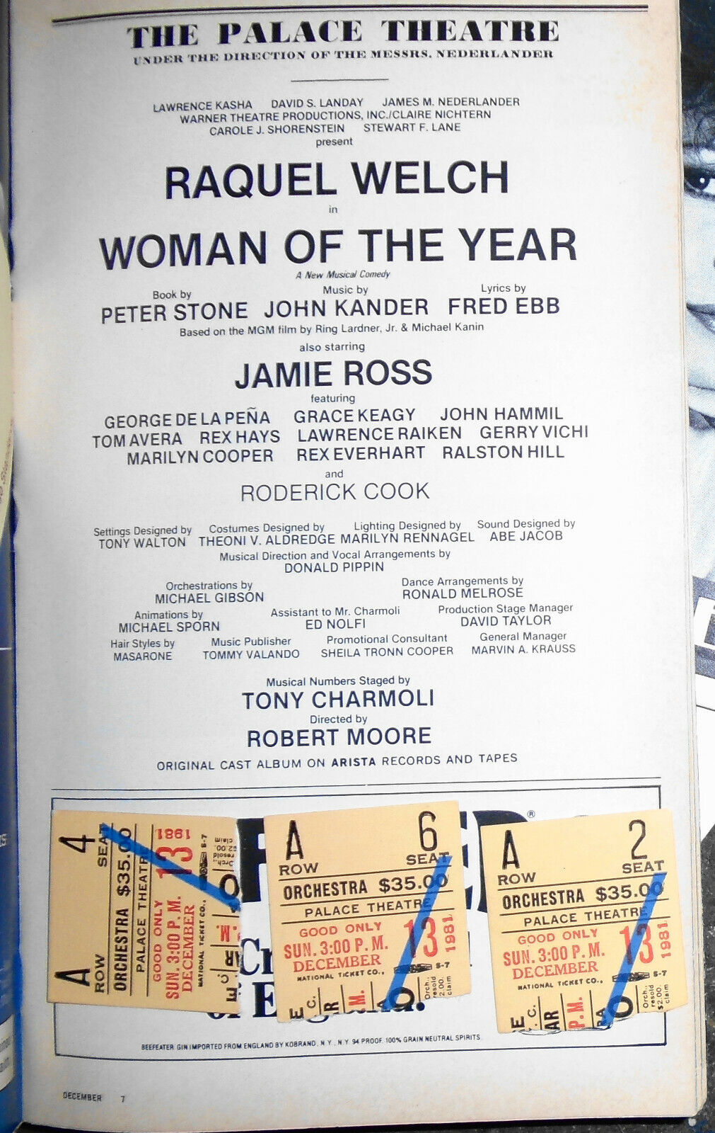 2 Raquel Welch in Woman of the Year Playbills; Dec '81, Sept '82; 3 ticket stubs
