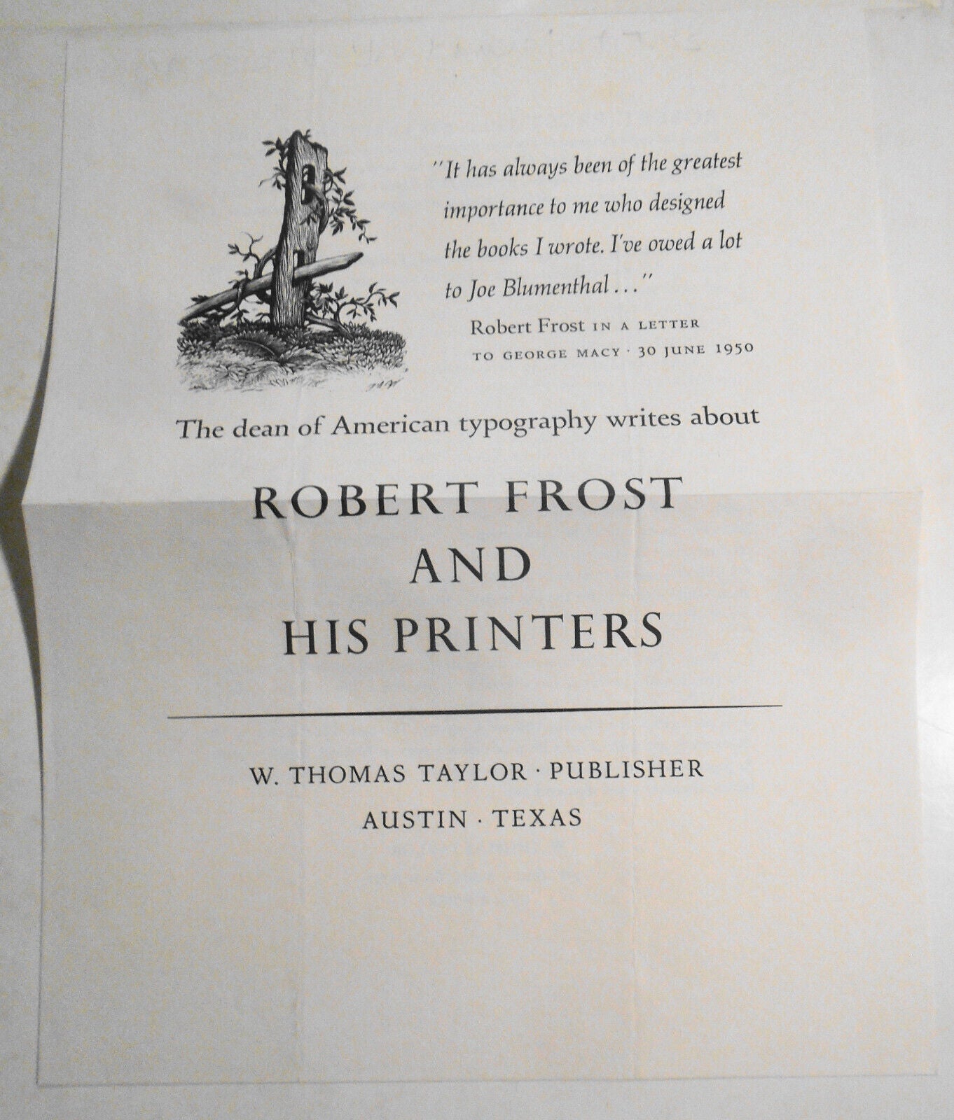 Publisher's Prospectus for Robert Frost And His Printers by Joseph Blumenthal