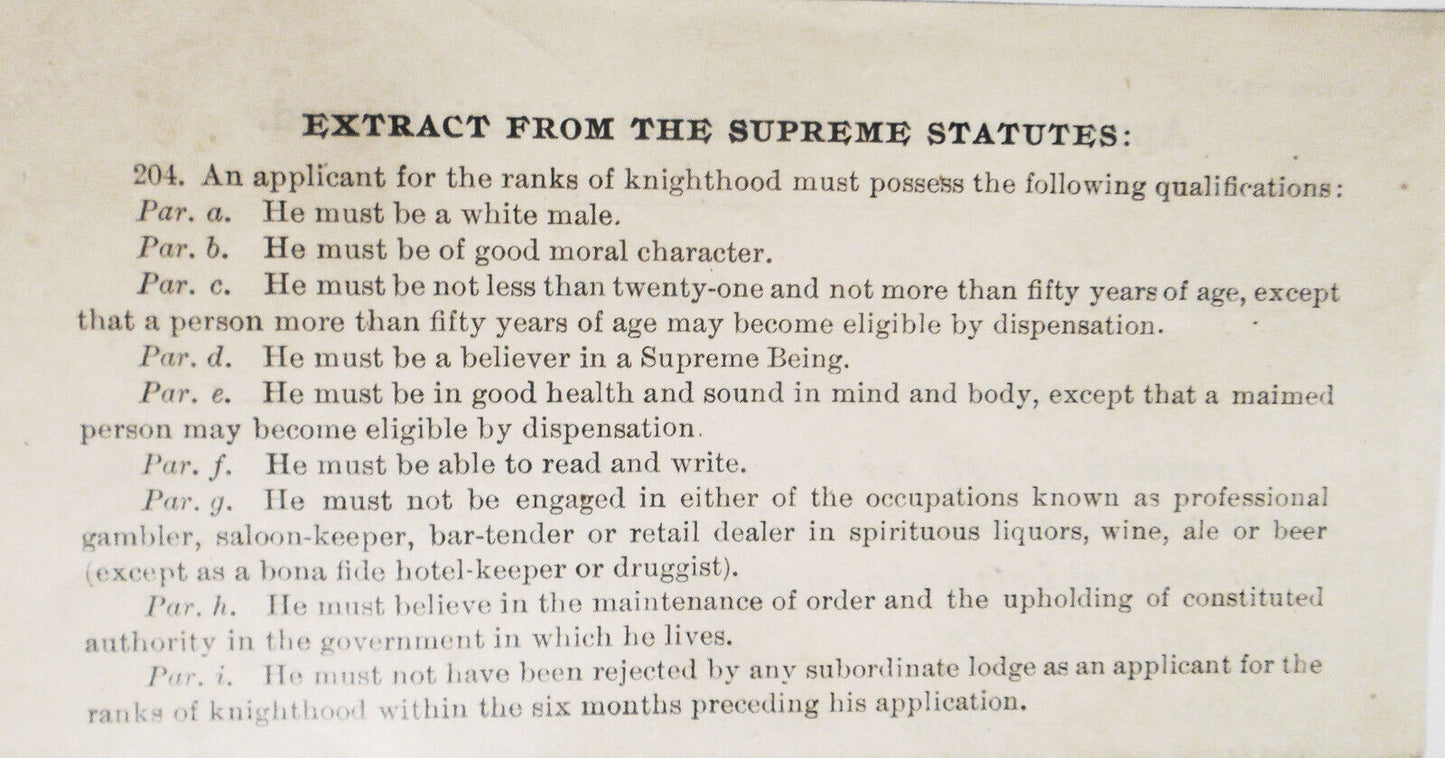 1906 Application for Rank of Knighthood -- Butler Lodge, Knights of Pythias, PA