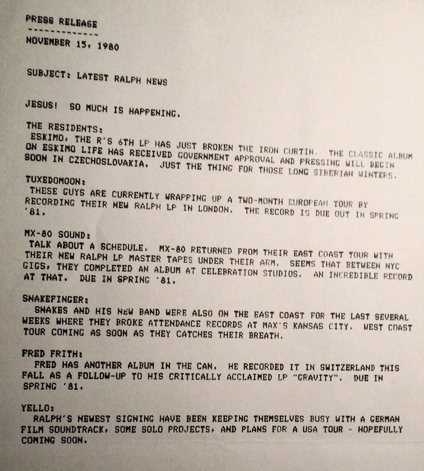 The Residents - 1980 Press release : Latest Ralph News