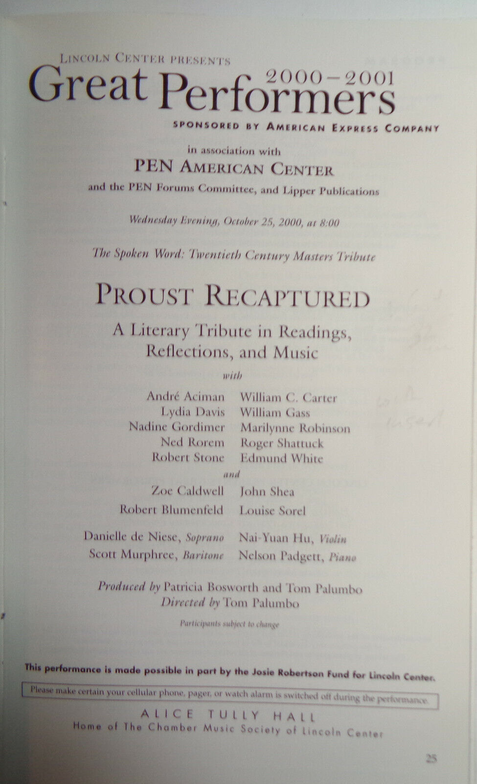 PROUST RECAPTURED - STAGEBILL - OCT 25, 2000, Lincoln Center, NYC