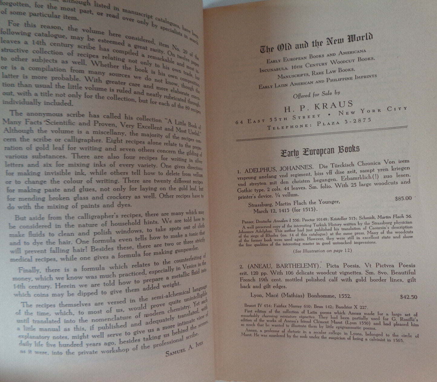 OLD & NEW WORLD, EARLY EUROPEAN BOOKS & AMERICANA INCUNABULA. H.P. KRAUS 1945