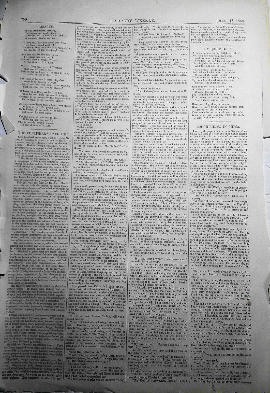 A Mother's Cares - Harper's Weekly April 18, 1868. Original full page print