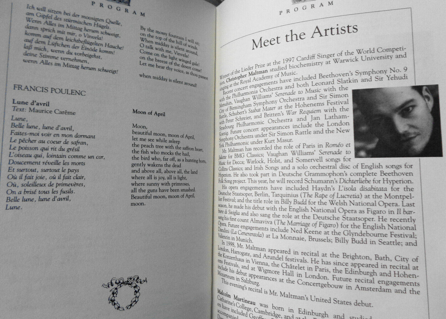 CHRISTOPHER MALTMAN (BARITONE) - MALCOLM MARTINEAU, Carnegie Hall Stagebill 2000