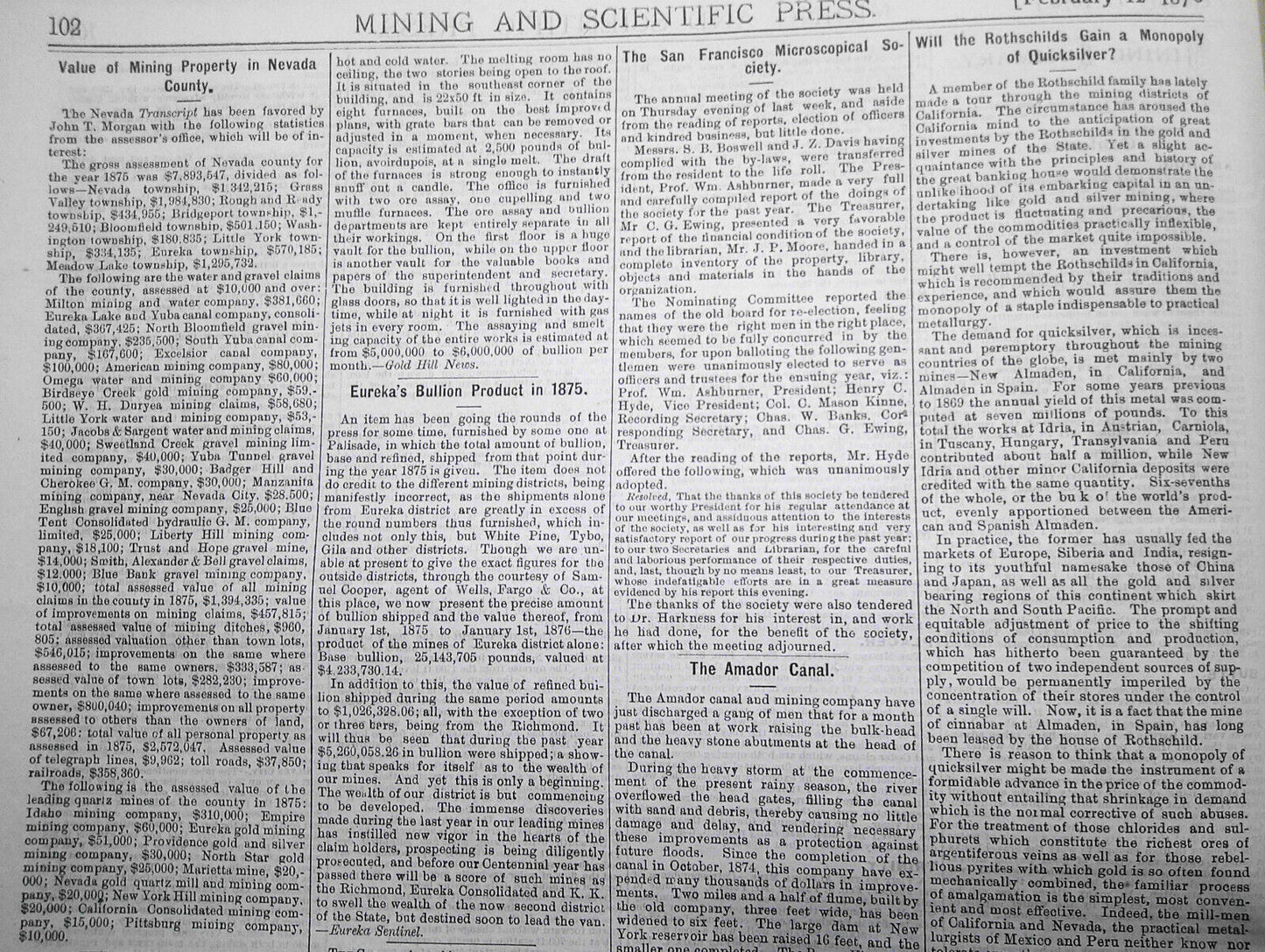 Mining and Scientific Press Feb 12, 1876. Edison's "New Force"; Mining Debris...