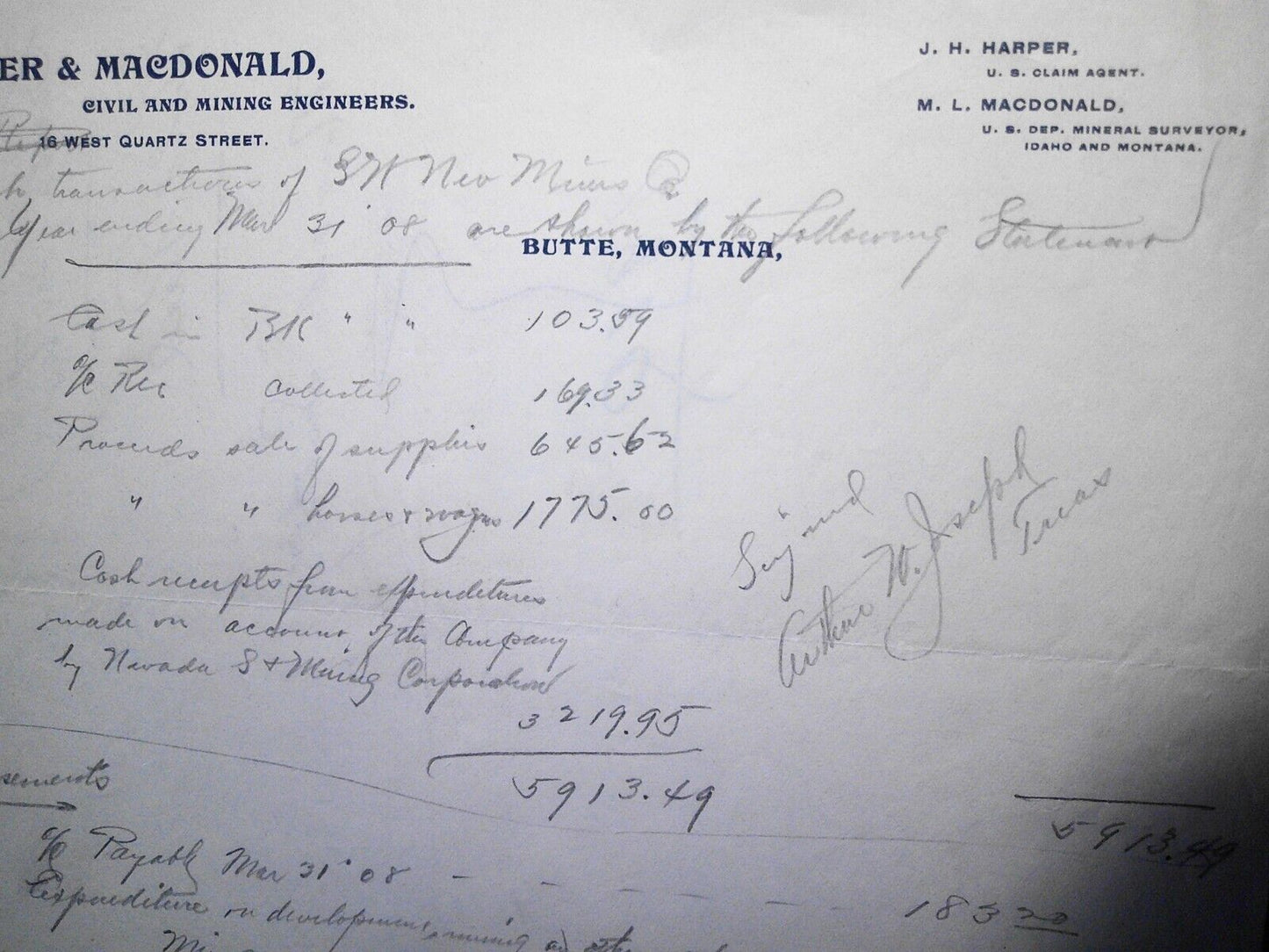 1910 Harper & MacDonald Civil and Mining Engineers, Butte MT Financial statement