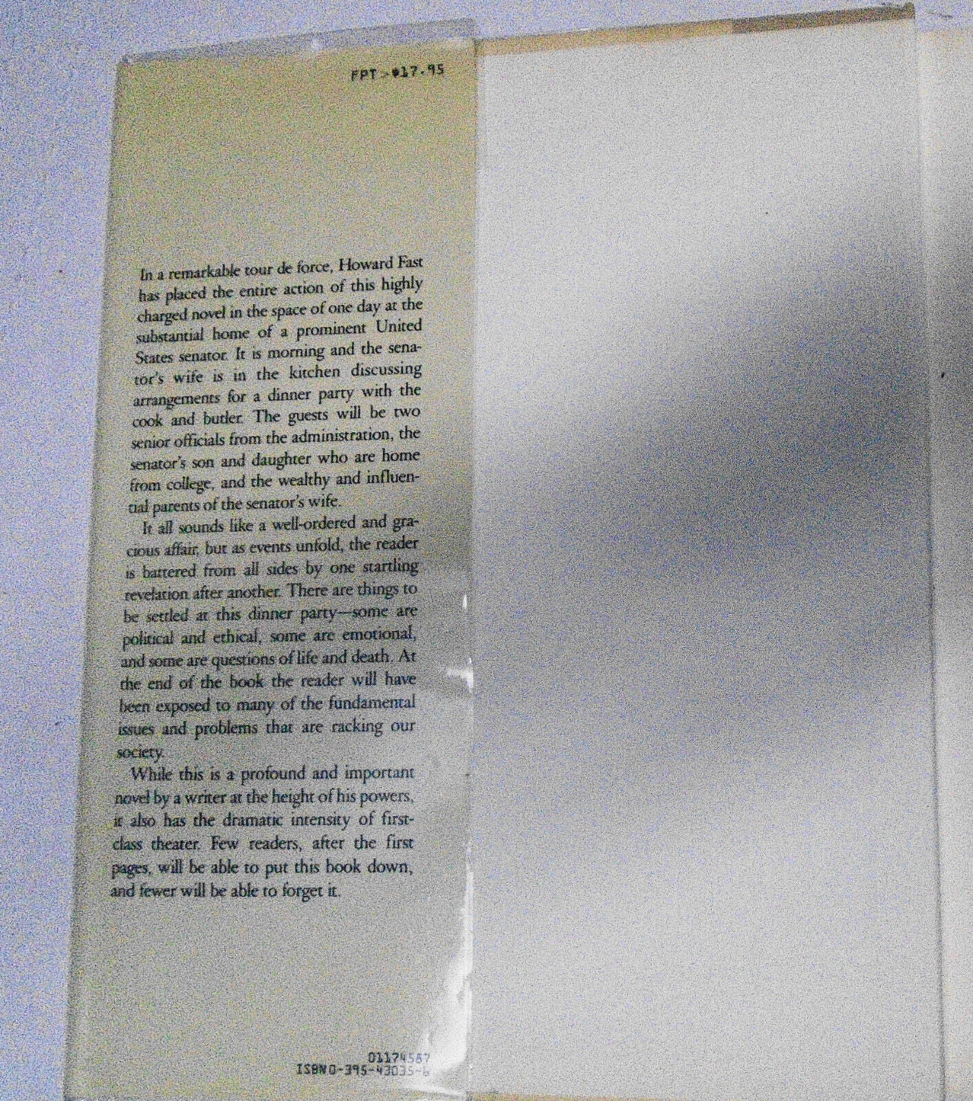 The Dinner Party, by Howard Fast. SIGNED First edition, 1987. Fine/Fine.