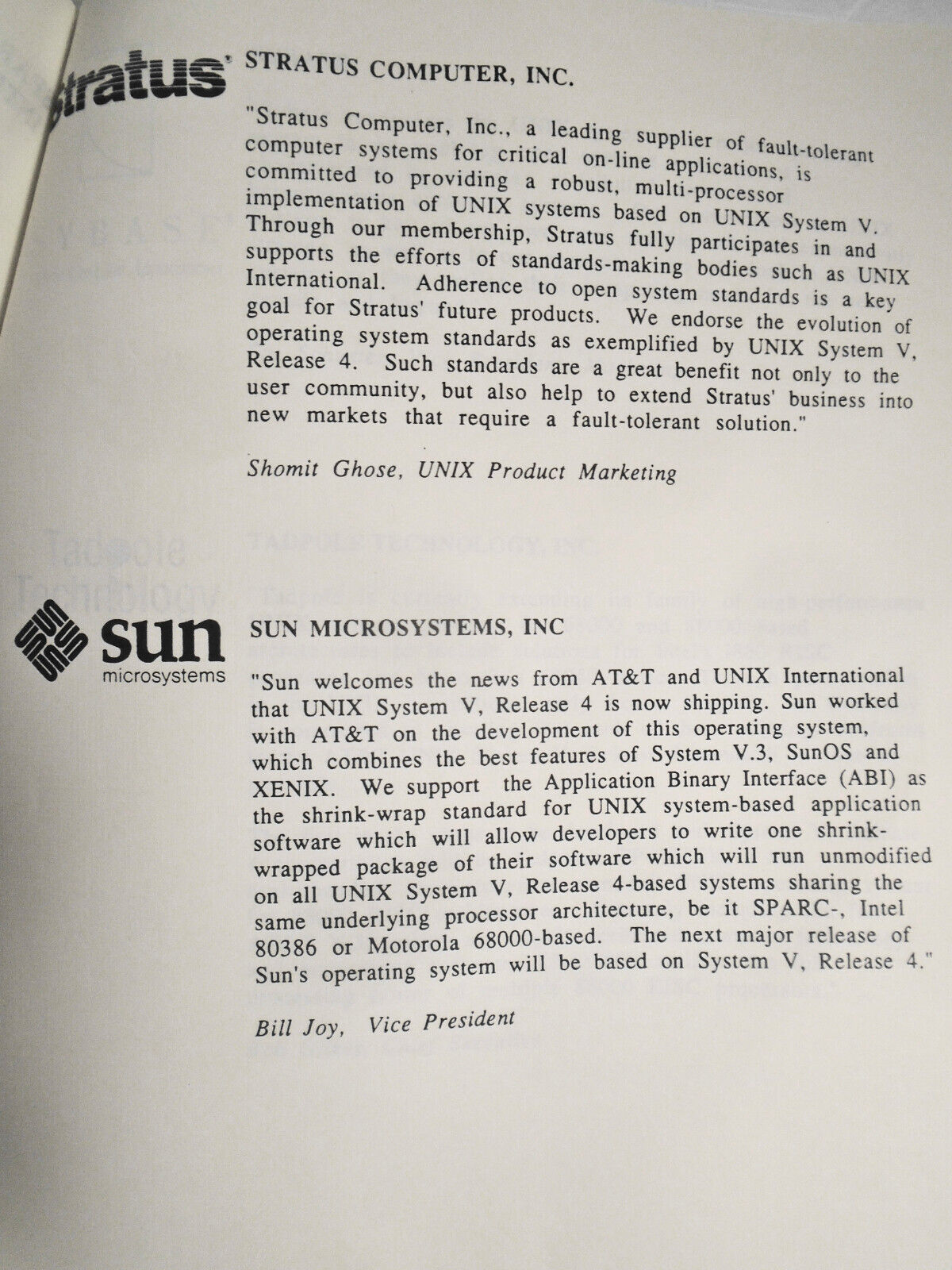 1989 Statements of support by 172 companies for UNIX System V, Release 4