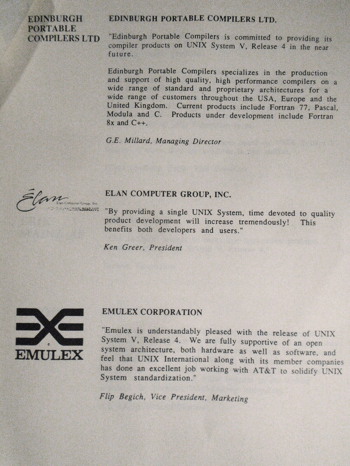 1989 Statements of support by 172 companies for UNIX System V, Release 4