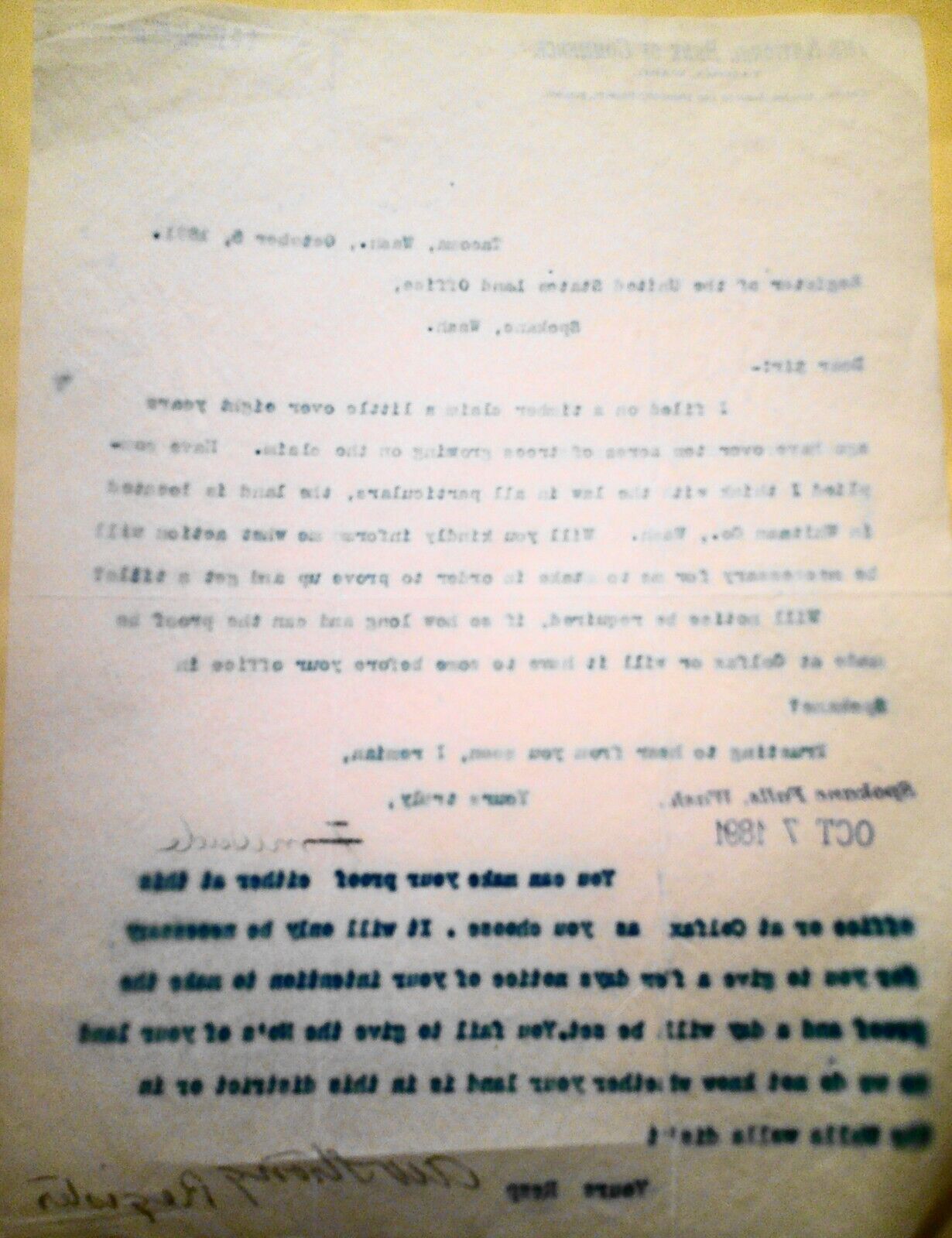 1891 National Bank of Commerce, Tacoma, Washington - letter regarding title