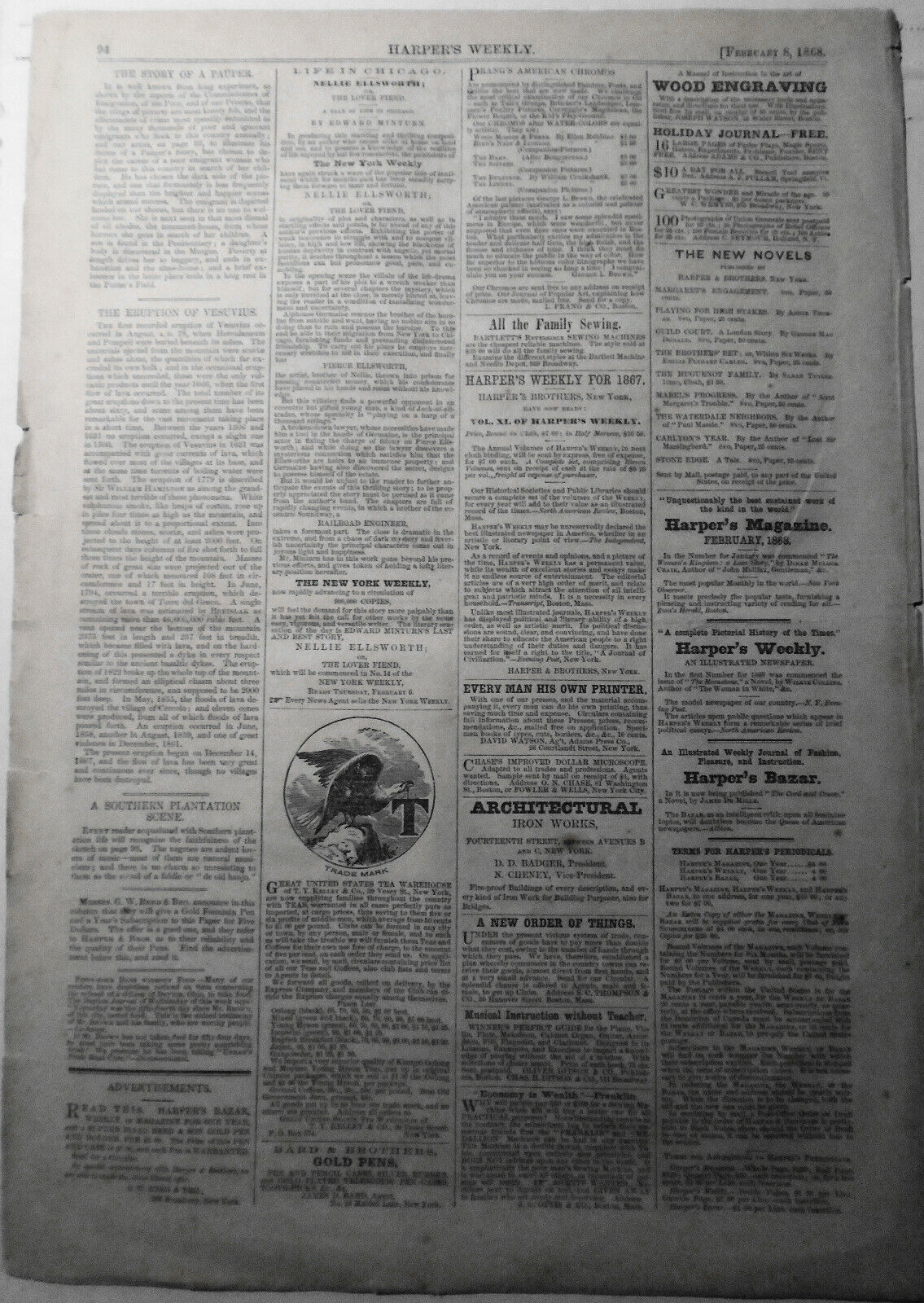 Scene On A Southern Plantation & Mount Vesuvius Eruption - Harper's Weekly, 1868