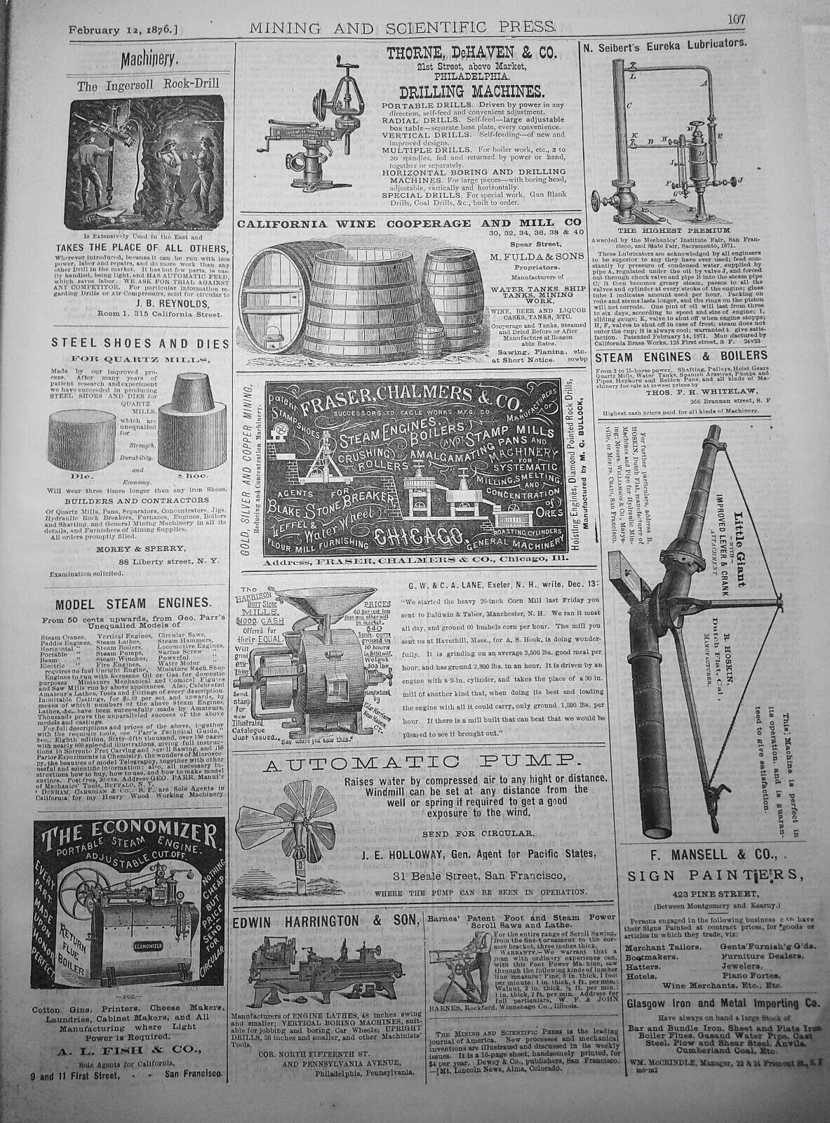Mining and Scientific Press Feb 12, 1876. Edison's "New Force"; Mining Debris...