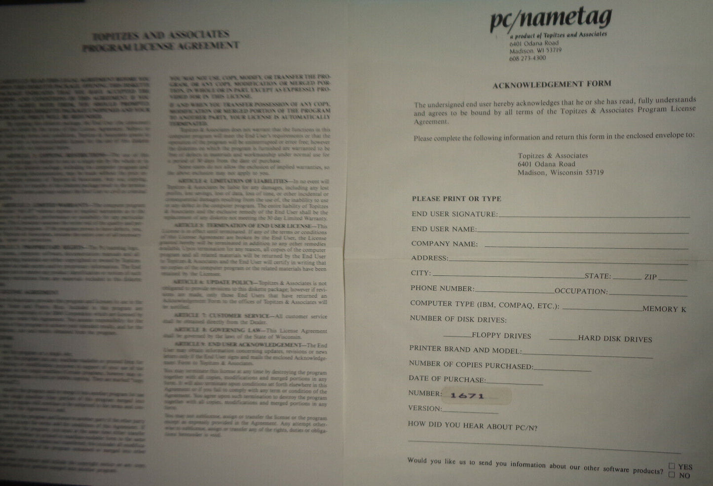 PC/NAMETAG by Topitzes & Associates. For IBM PCs - circa 1989 -- NEW