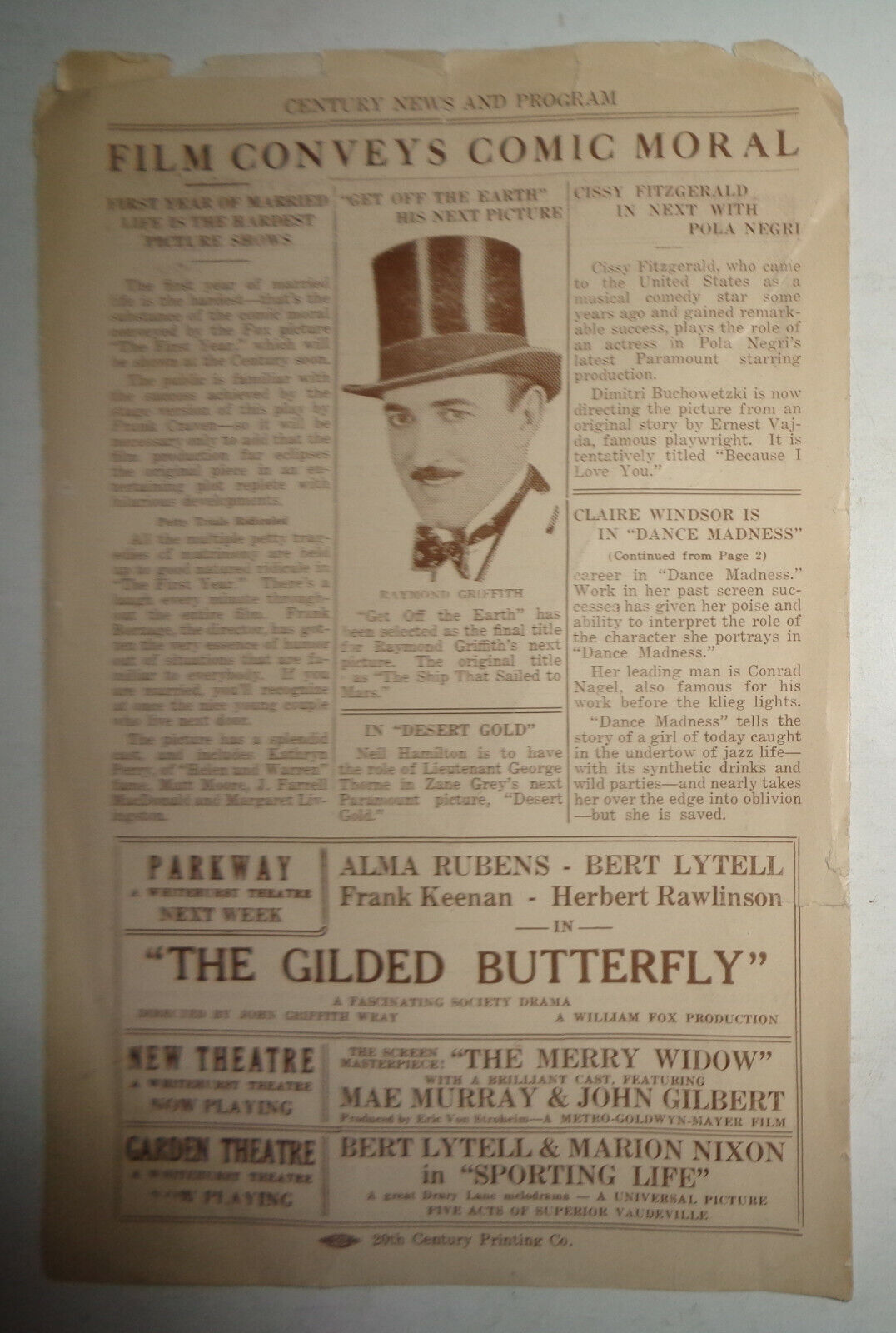 "DANCE MADNESS" FEATURING CONRAD NAGEL AND CLAIRE WINDSON, CENTURY THEATRE 1926