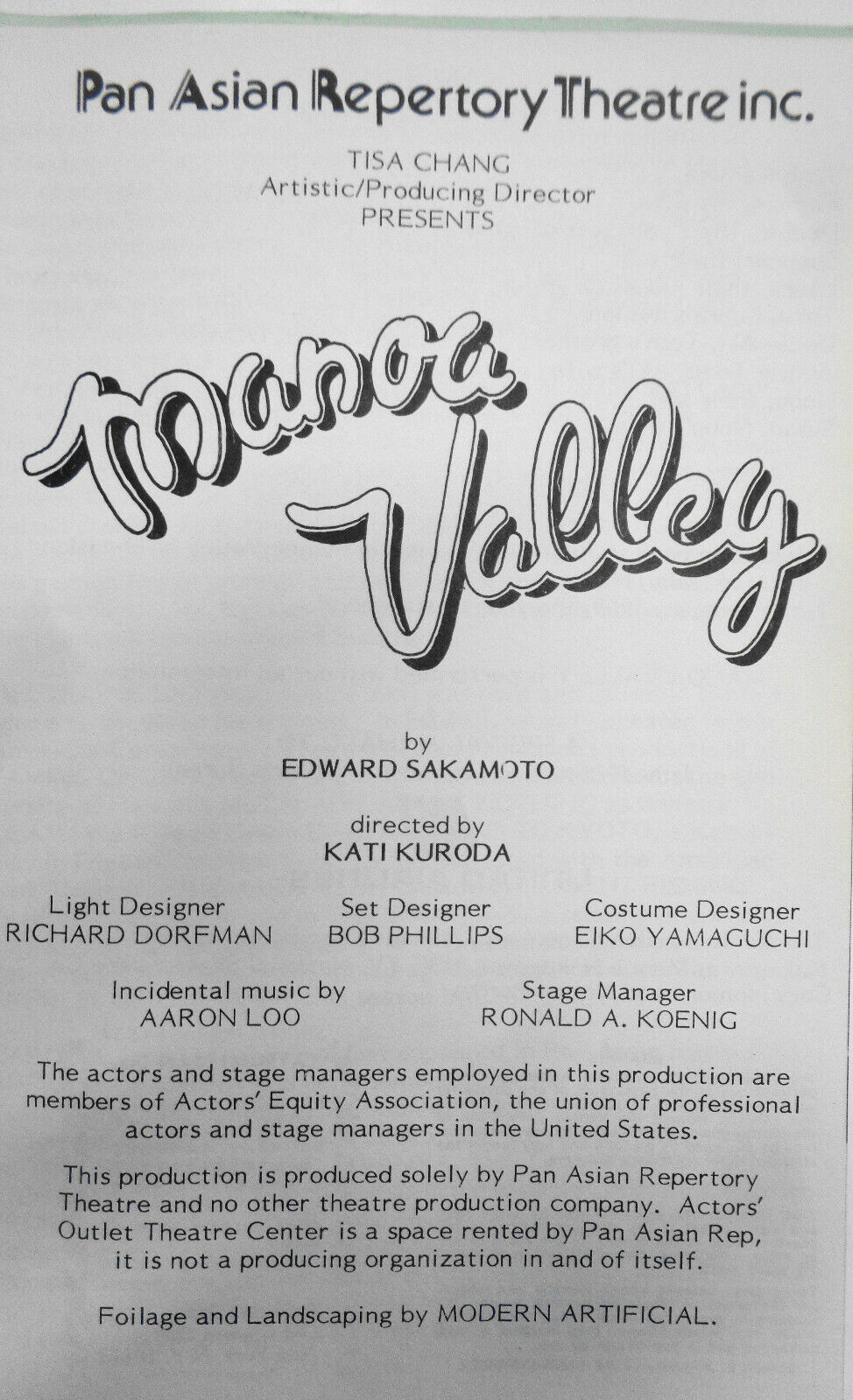 Manoa Valley - Program - 1985 Pan Asian Repertory Theatre, New York City