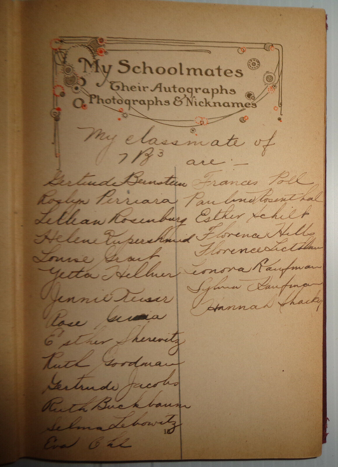 A MEMORY BOOK OF MY SCHOOLDAYS, 1920 Sylvia Kronish, with entries & photos