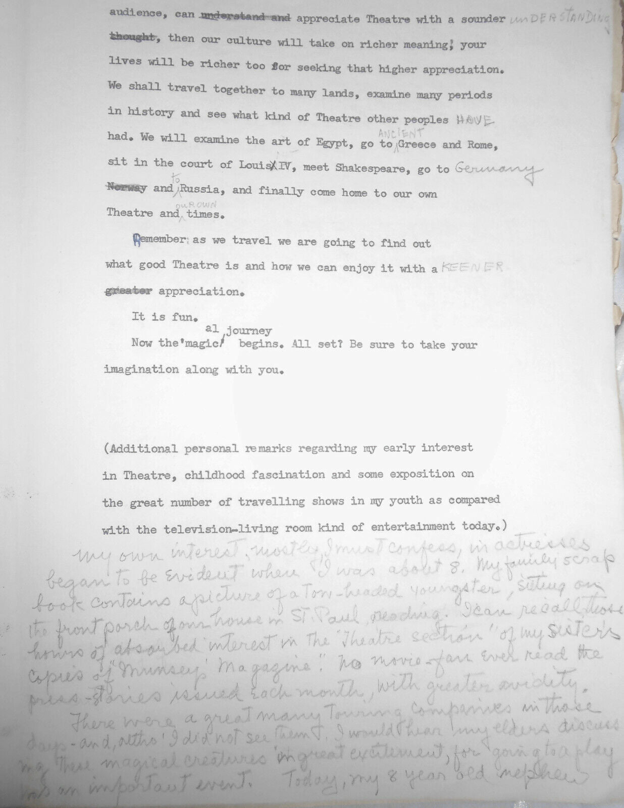 Actress Blanche Yurka - Dear Audience - Typed and handwritten outline Manuscript