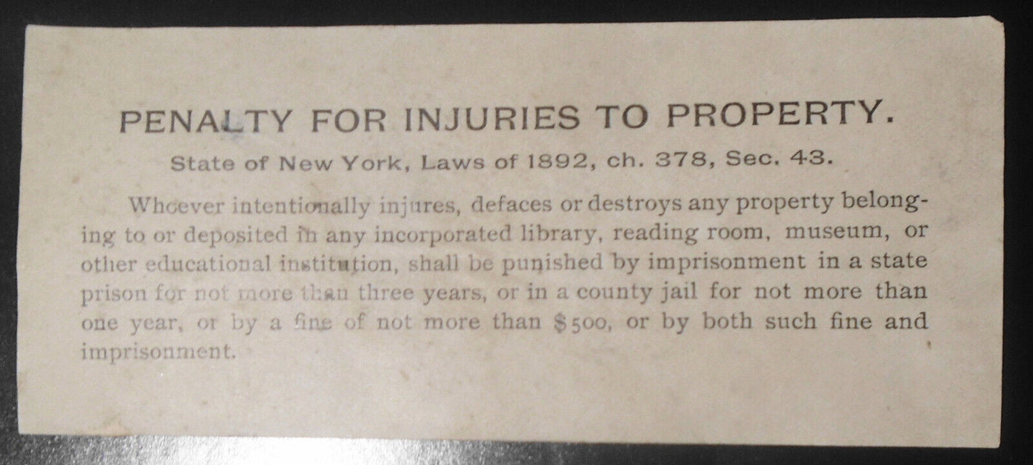 State of New York Library Penalty for injuries to property - 2 Bookplates, 1892