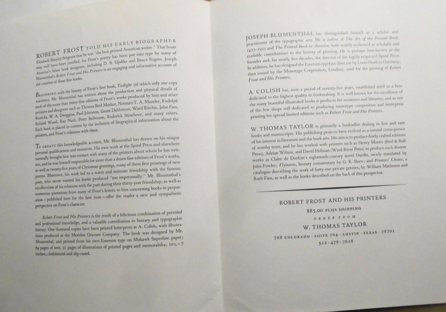 Publisher's Prospectus for Robert Frost And His Printers by Joseph Blumenthal