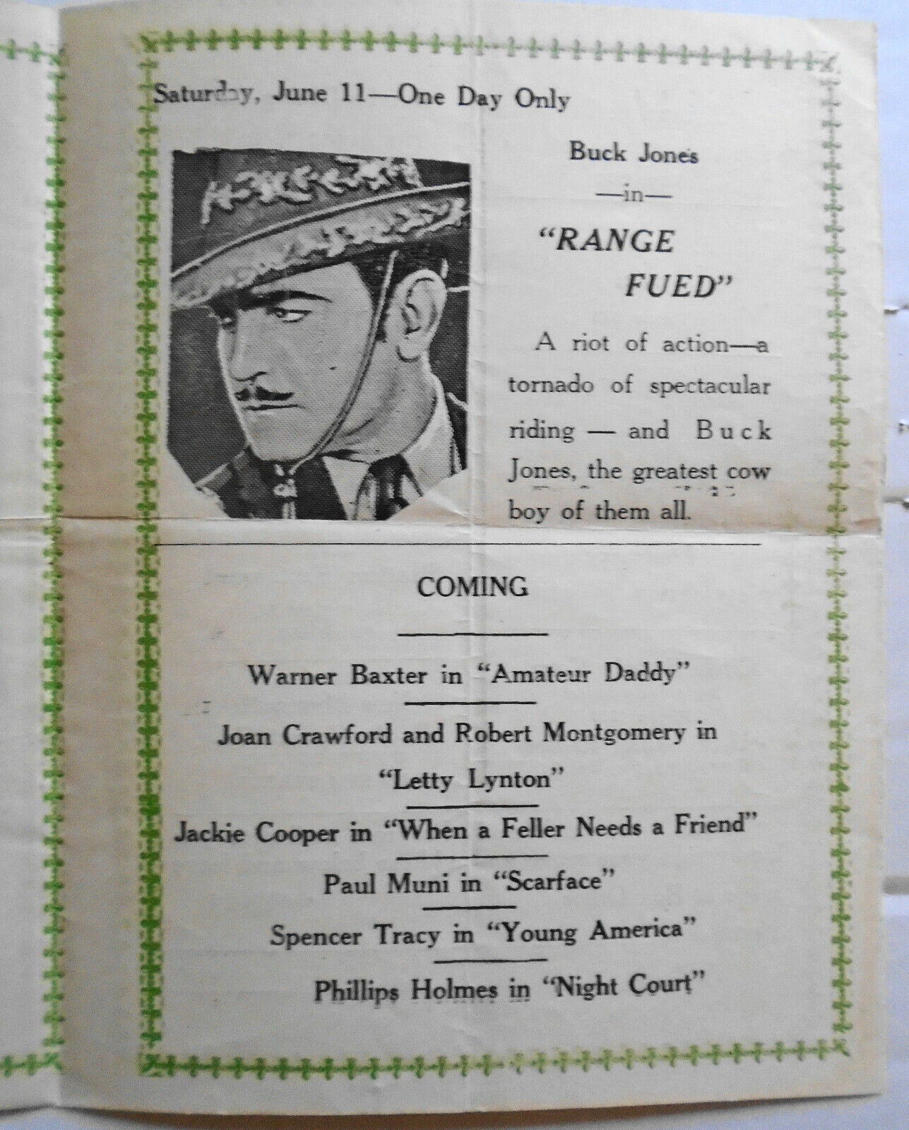 Elmwood Theatre Program, 1932. Arrowsmith; Wet Parade; Range Feud.