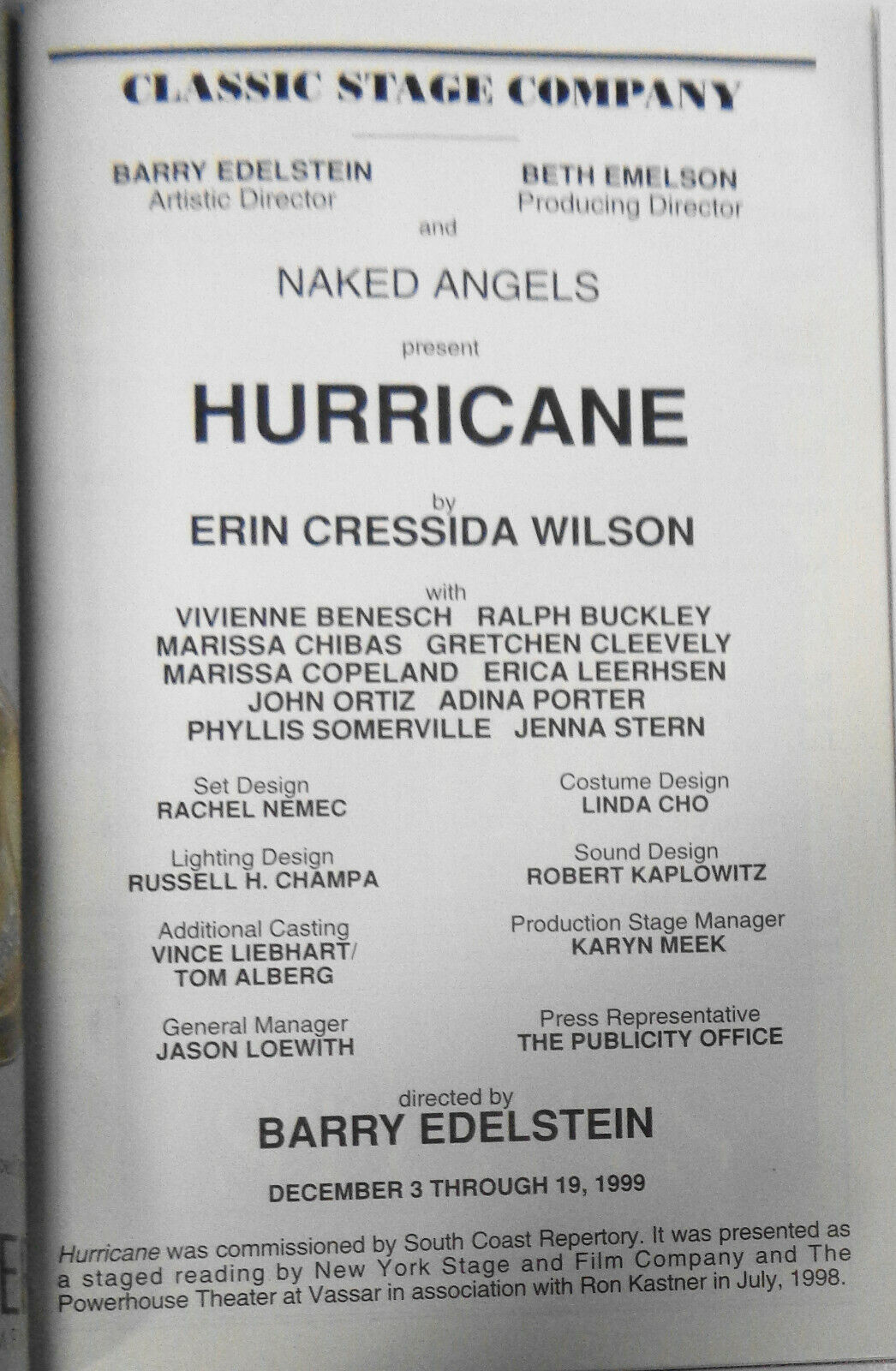 Hurricane - Playbill - Classic Stage Company, NYC December 1999