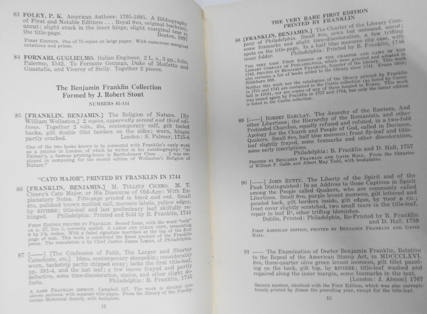 Fine Benjamin Franklin Collection of J. Robert Stout. Anderson Galleries 1939