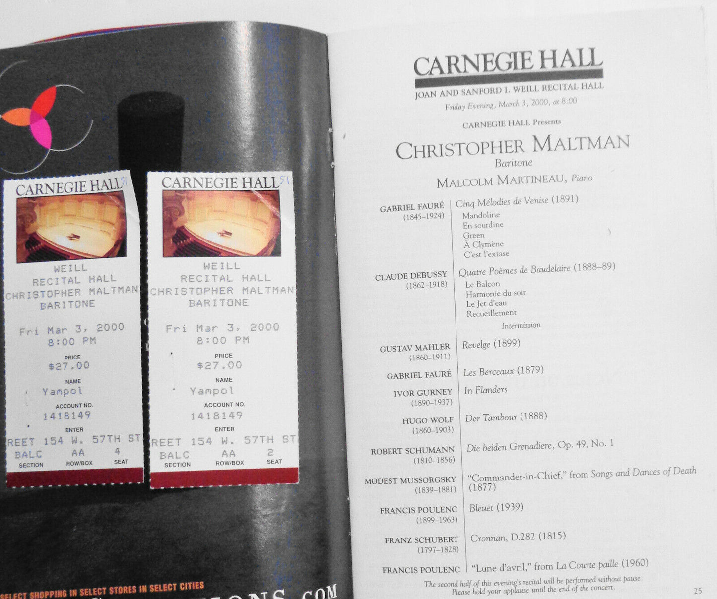 CHRISTOPHER MALTMAN (BARITONE) - MALCOLM MARTINEAU, Carnegie Hall Stagebill 2000