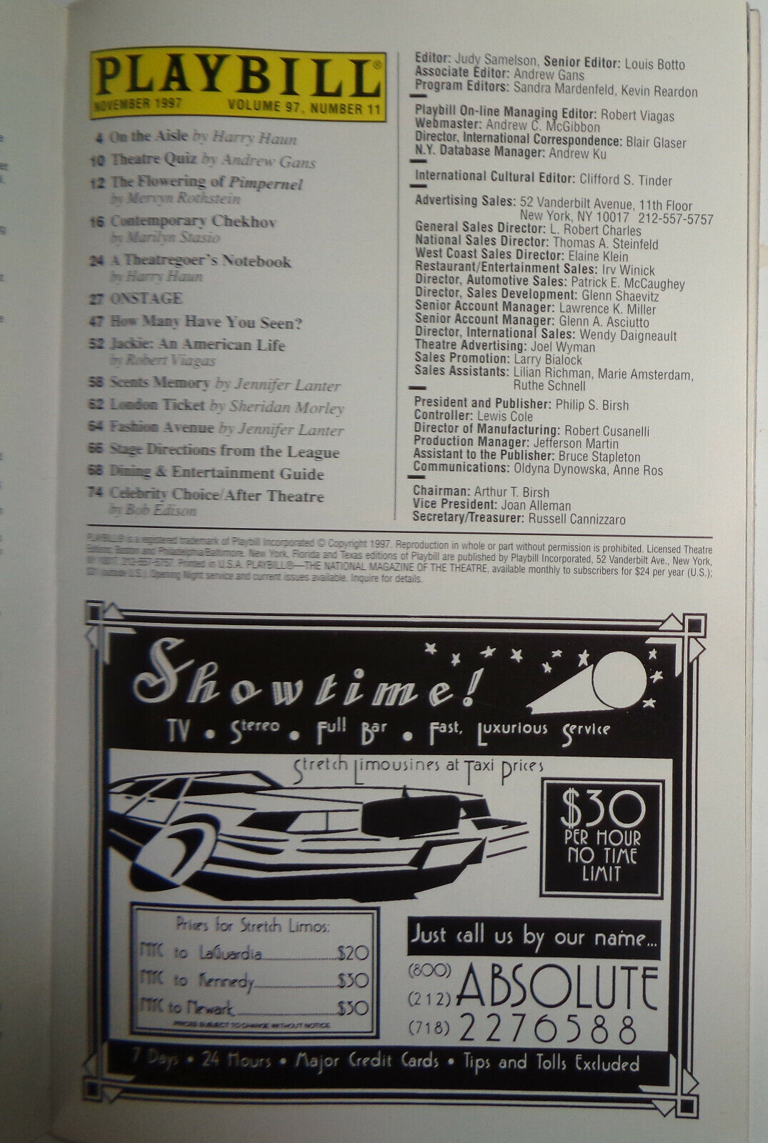EUGENE ONEGIN - PLAYBILL - OPENING NIGHT: NOVEMBER 19, 1997 Martin Beck Theatre