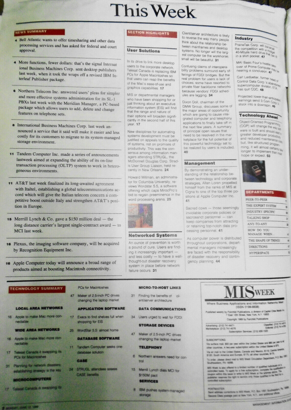 MIS Week, June 12, 1989 - IBM, AT&T, Tandem Computer, Bell Atlantic, etc news