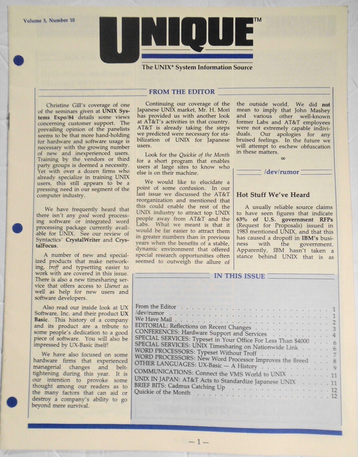 UNIQUE, Vol. 3, No. 10, 1984 - The UNIX System Information Source.