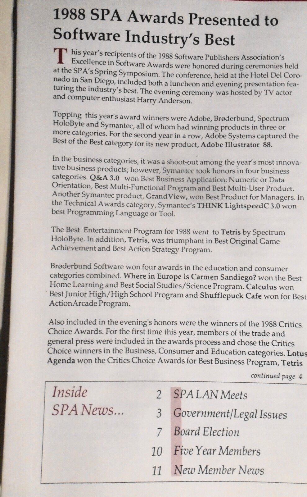 SPA News, June 1989. Newsletter of the Software Publishers Association