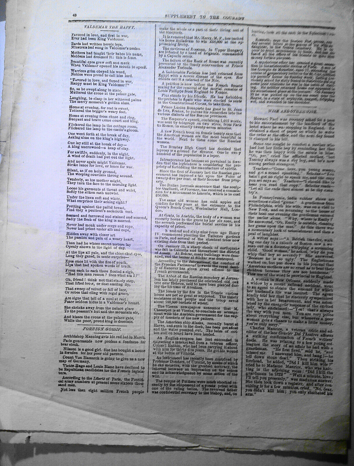 Harriet Beecher Stowe on Babies; Kentucky Blacks -Supplement To the Courant 1869