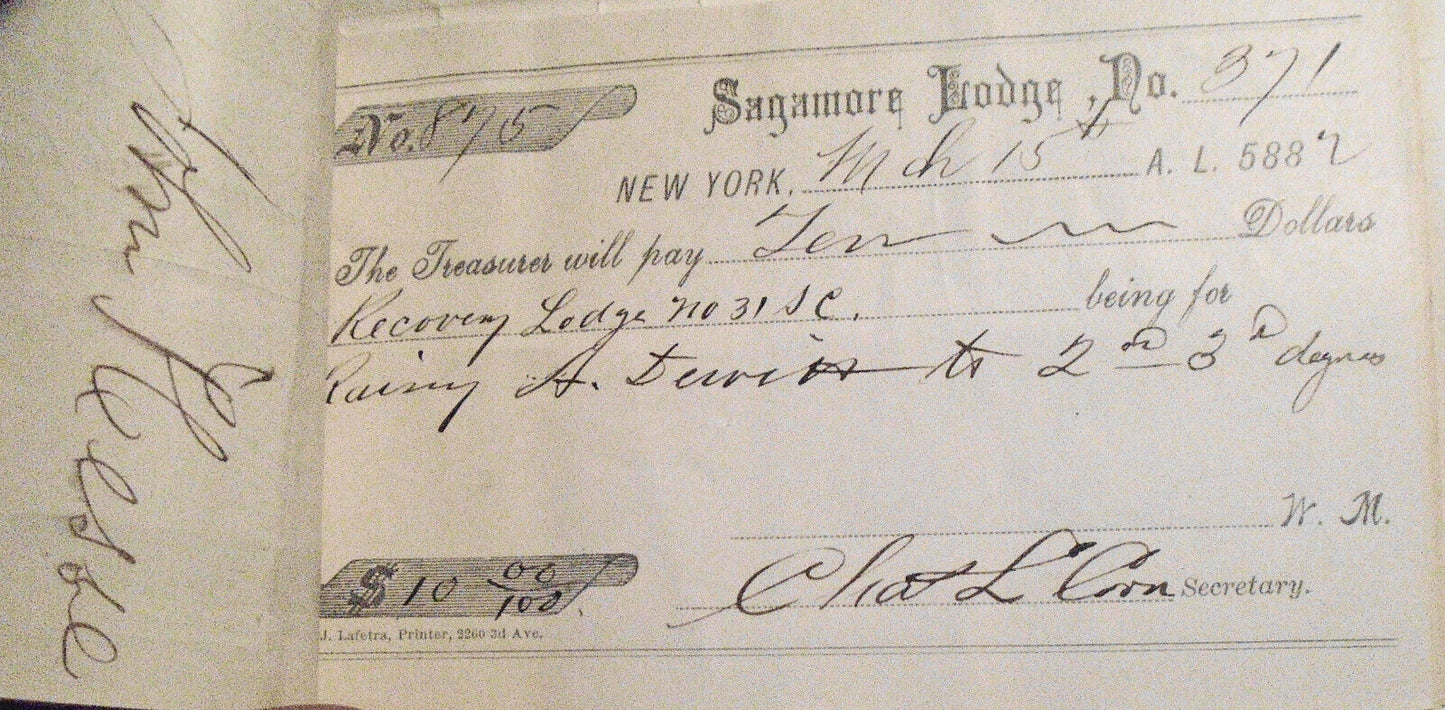 1882 Twenty-four original handwritten receipts - Masonic Sagamore Lodge New York