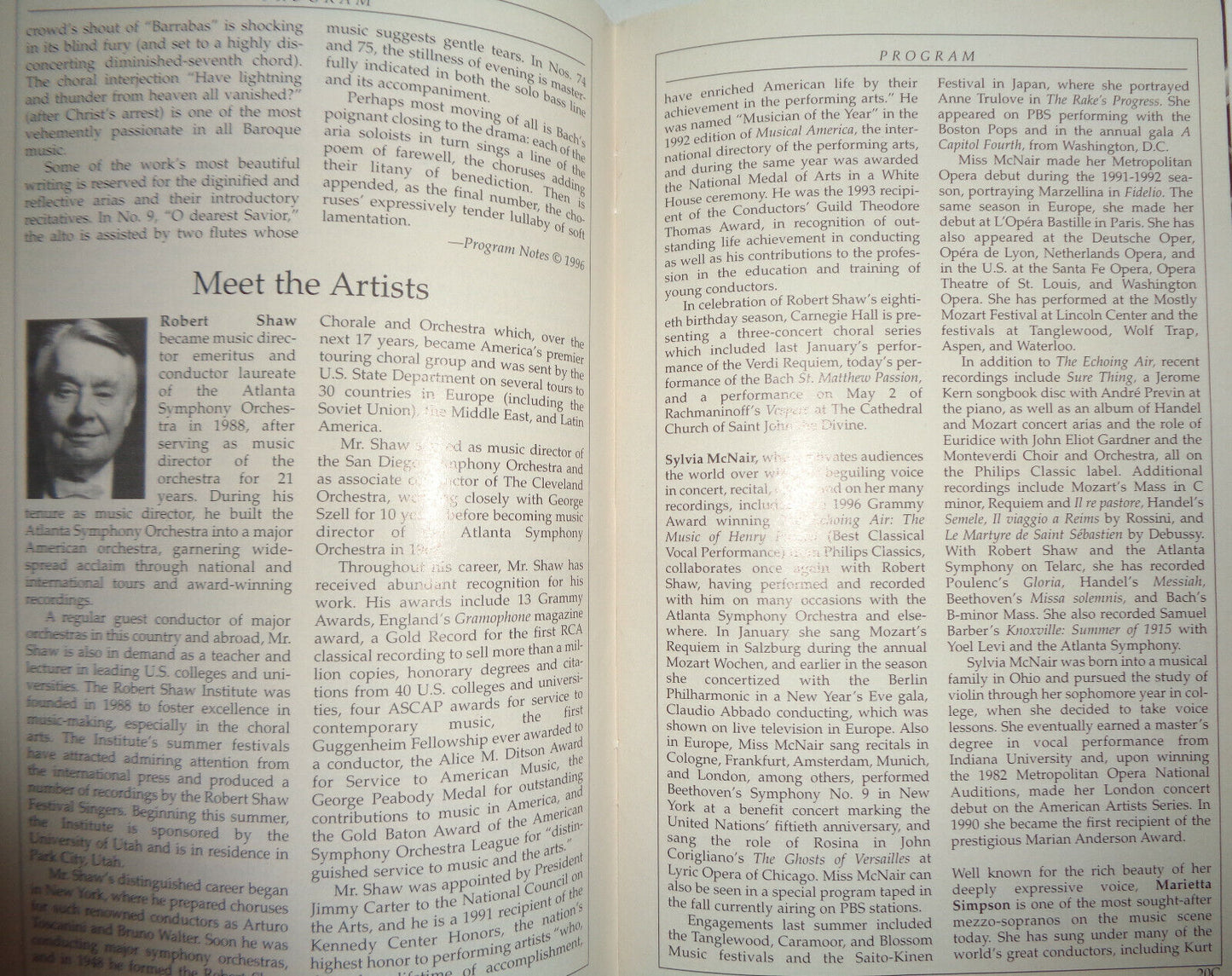 ORCH OF ST. LUKE'S, ST. MATTHEW'S PASSION - CARNEGIE HALL STAGEBILL, APRIL 1996