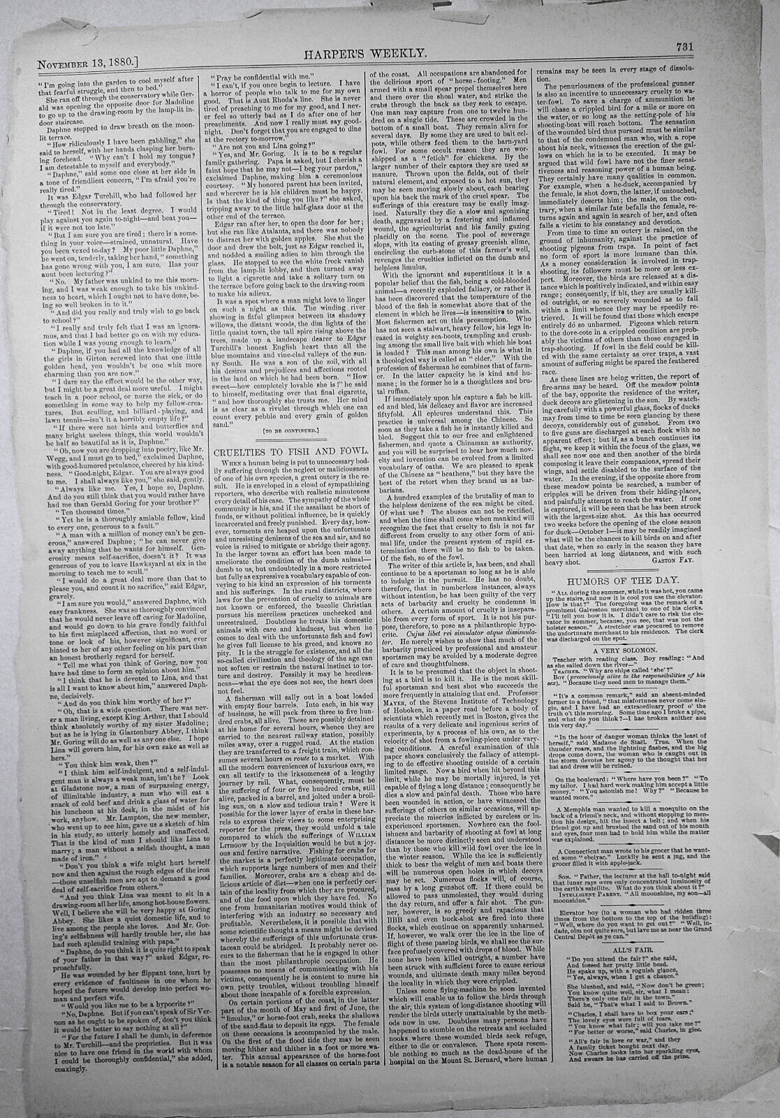 Cruelties Practiced on Fish and Fowl - Harper's Weekly, November 13, 1880 print