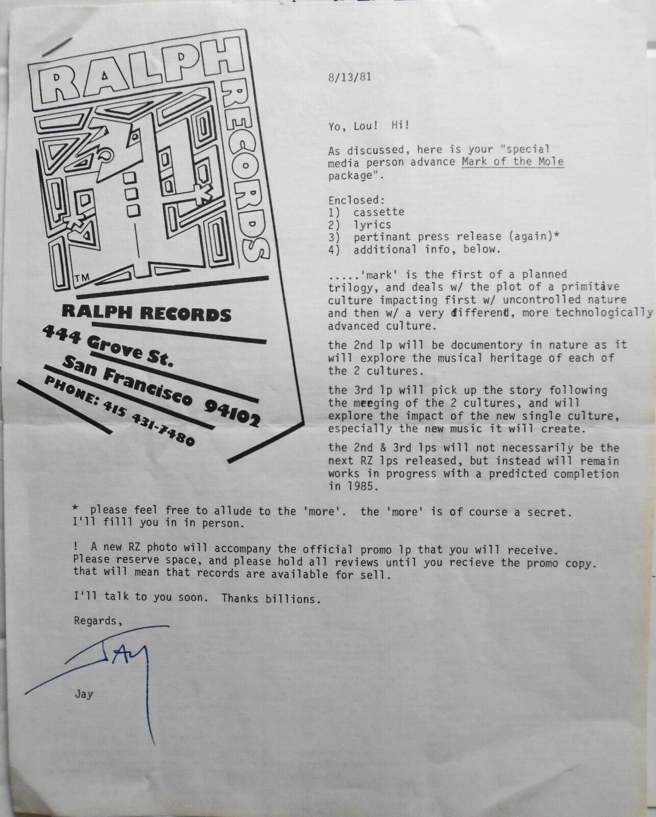 Jay Clem SIGNED letter 1981 & attachments - original member of The Residents.