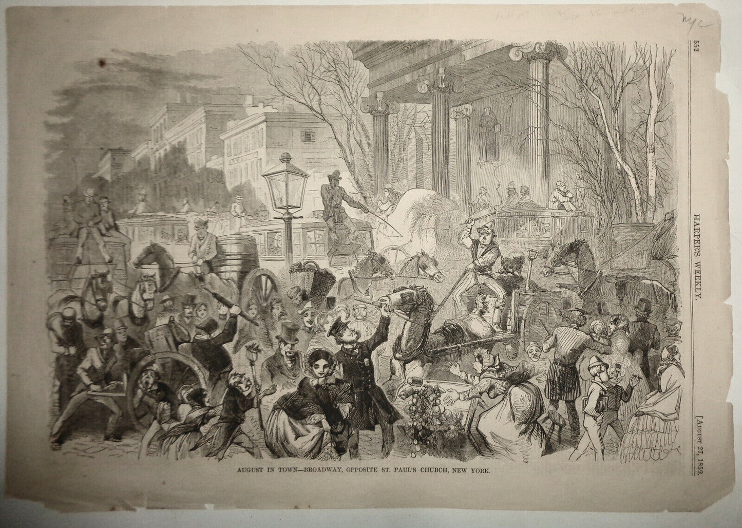 August In Town - Broadway, opposite St. Paul's Church. Harper's Weekly 8/27/1859