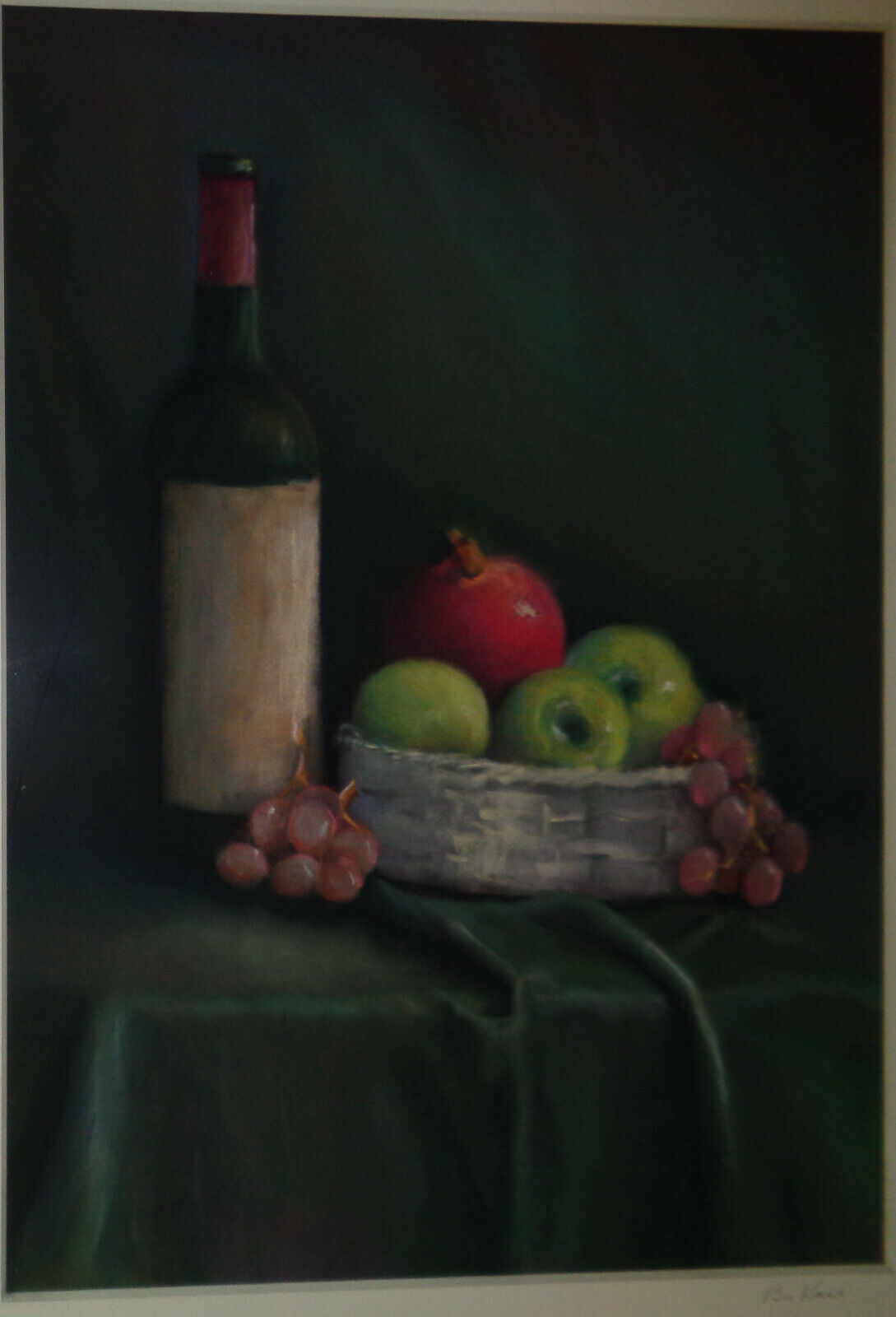 Bo Kass : Fruit Basket with Bottle Pastel - Signed original drawing, framed