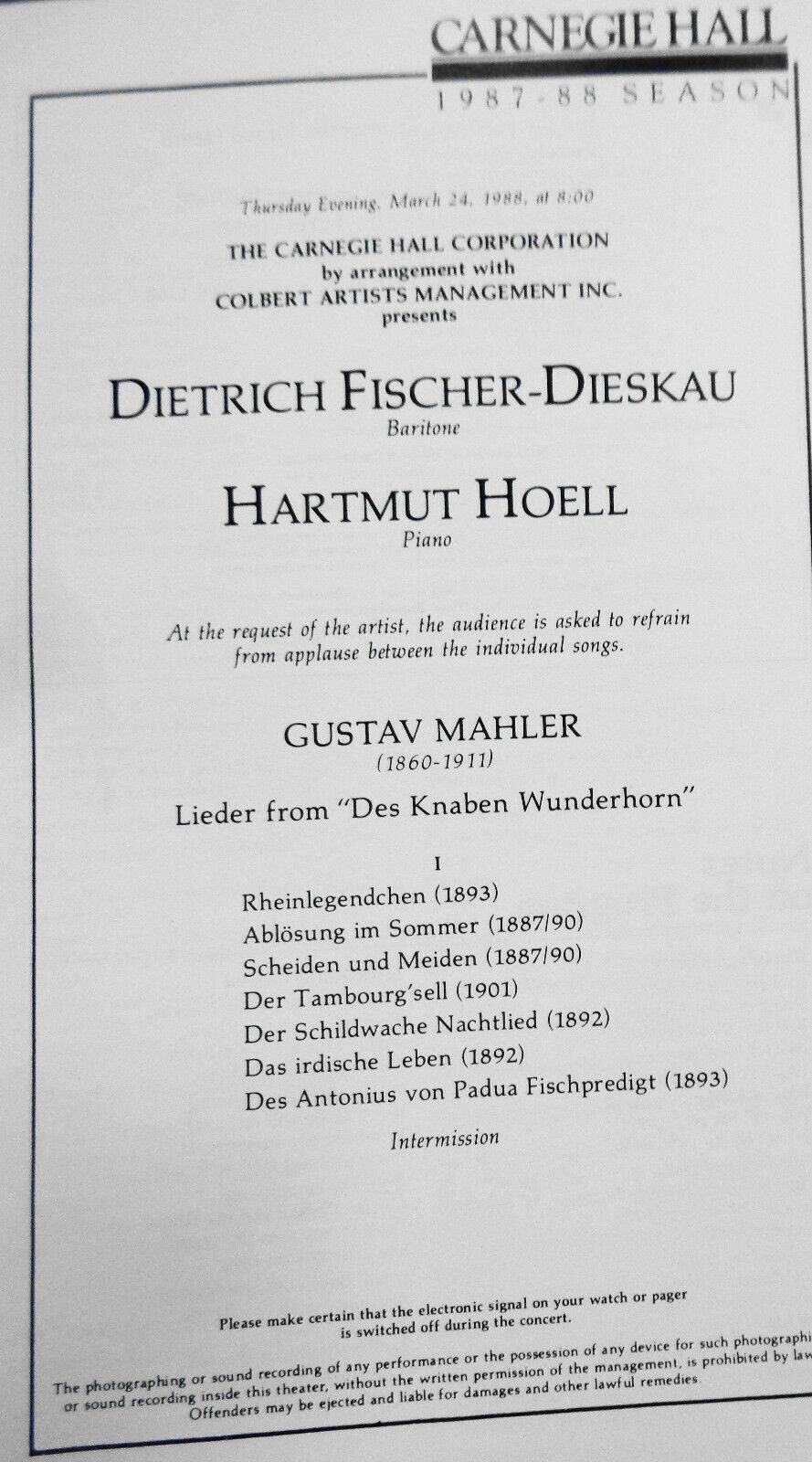 DIETRICH FISCHER-DIESKAU (BARITONE) / HARTMUT HOELL 1988 Carnegie Hall Stagebill