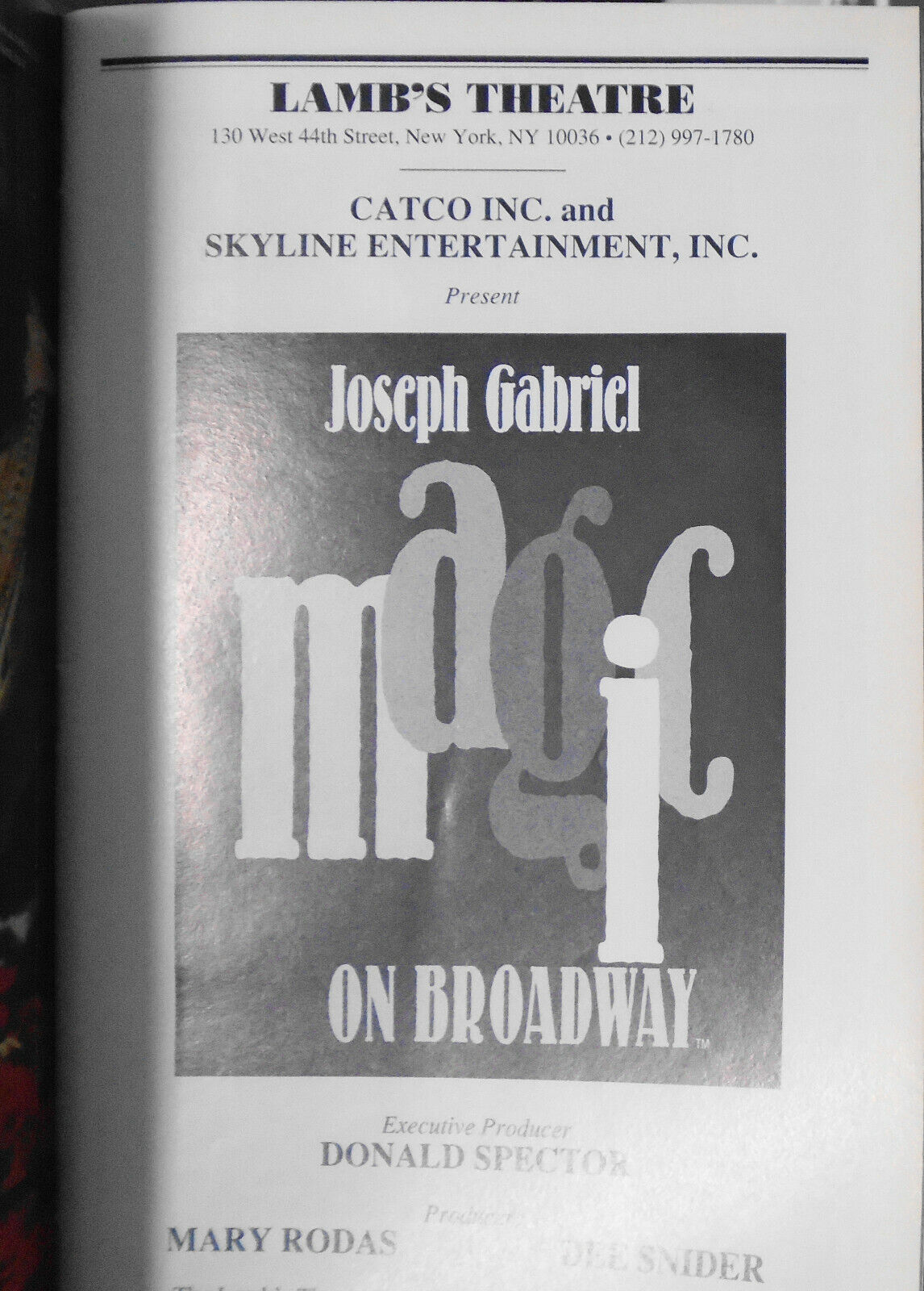 Joseph Gabriel Magic On Broadway - Playbill - March 1997 *SIGNED*