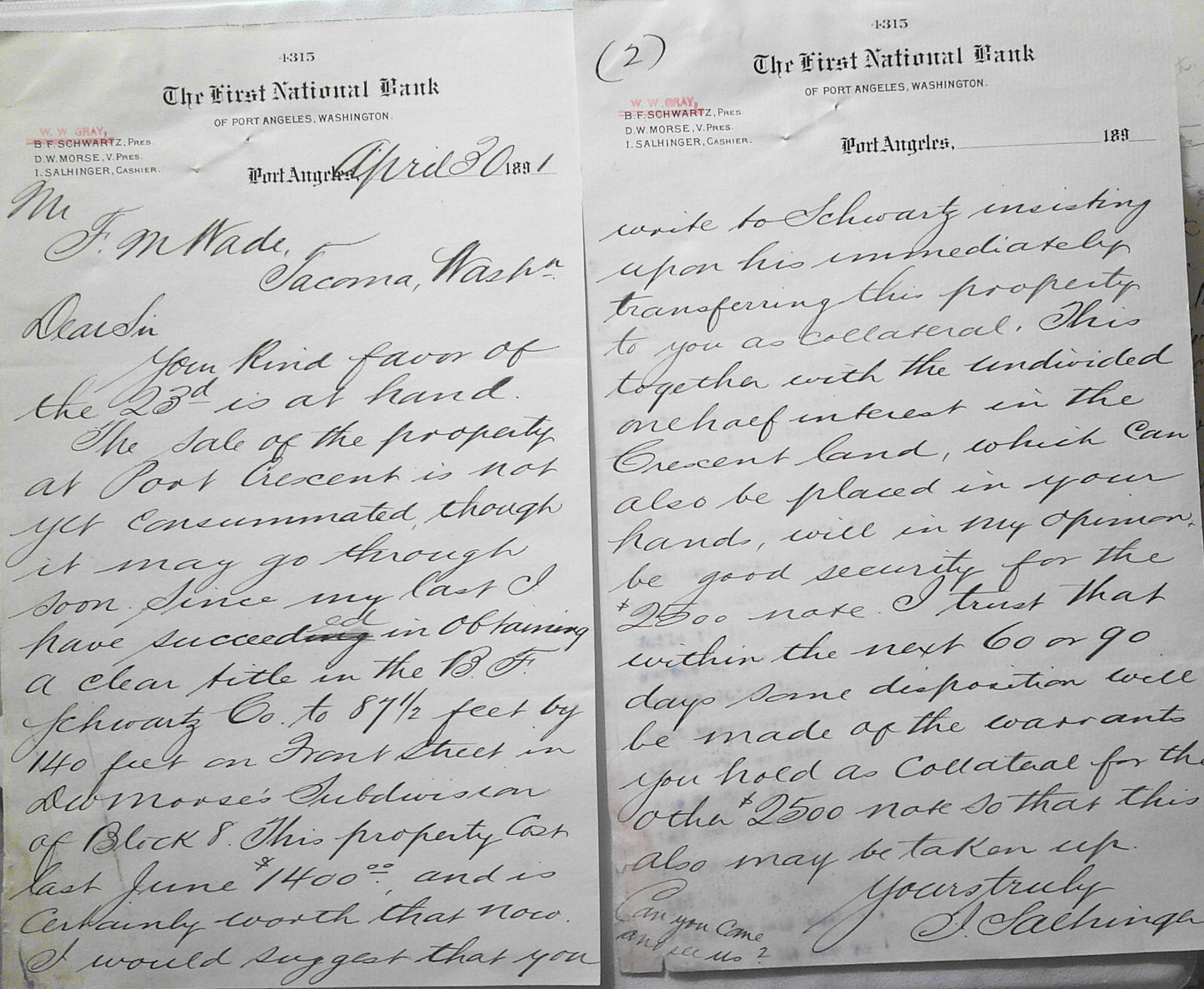 1891 First National Bank, Port Angeles, Washington - on Letterhead note paper